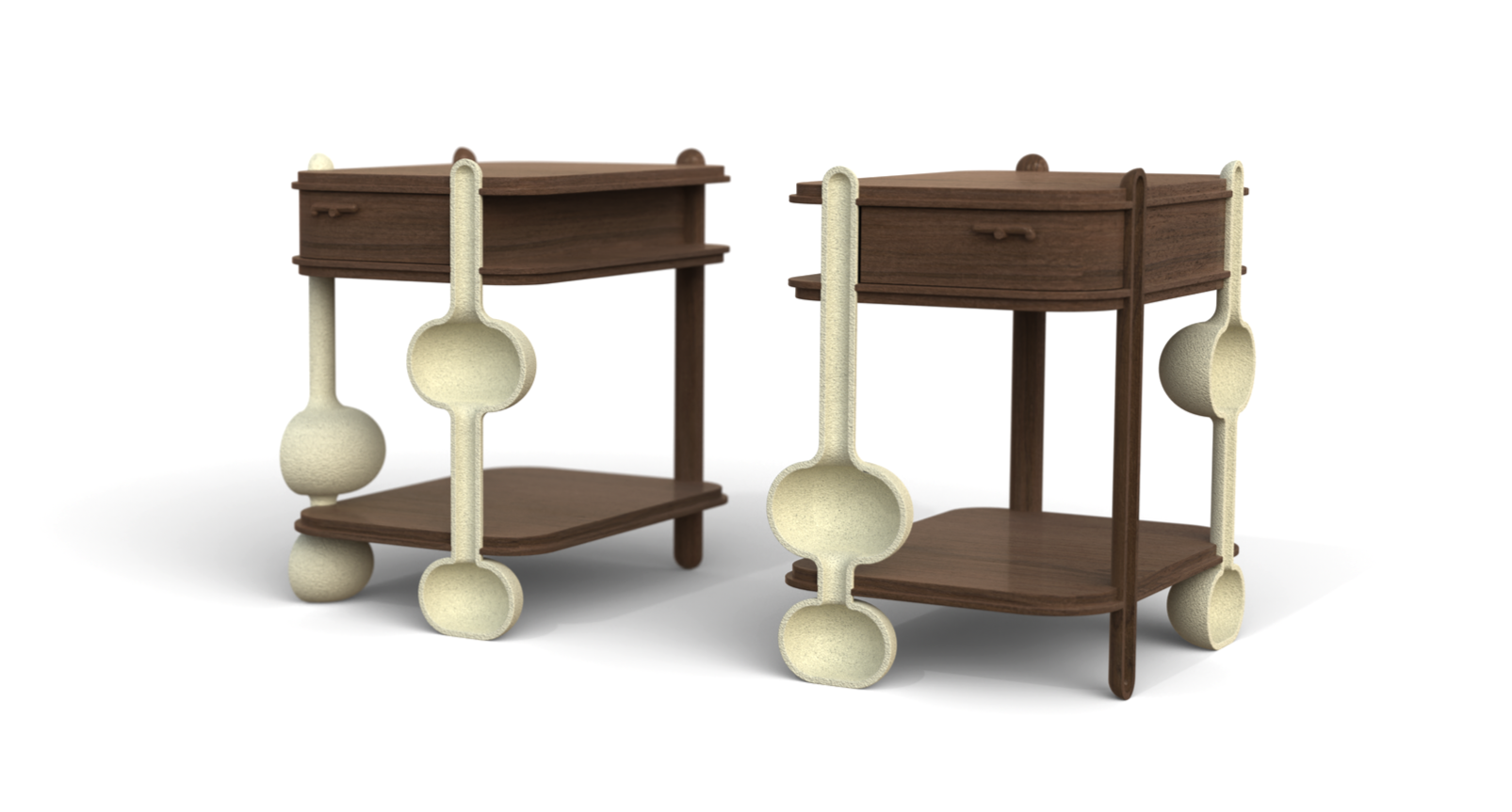 Two wooden bedside tables with cream-colored spoon-shaped handles on a white background.