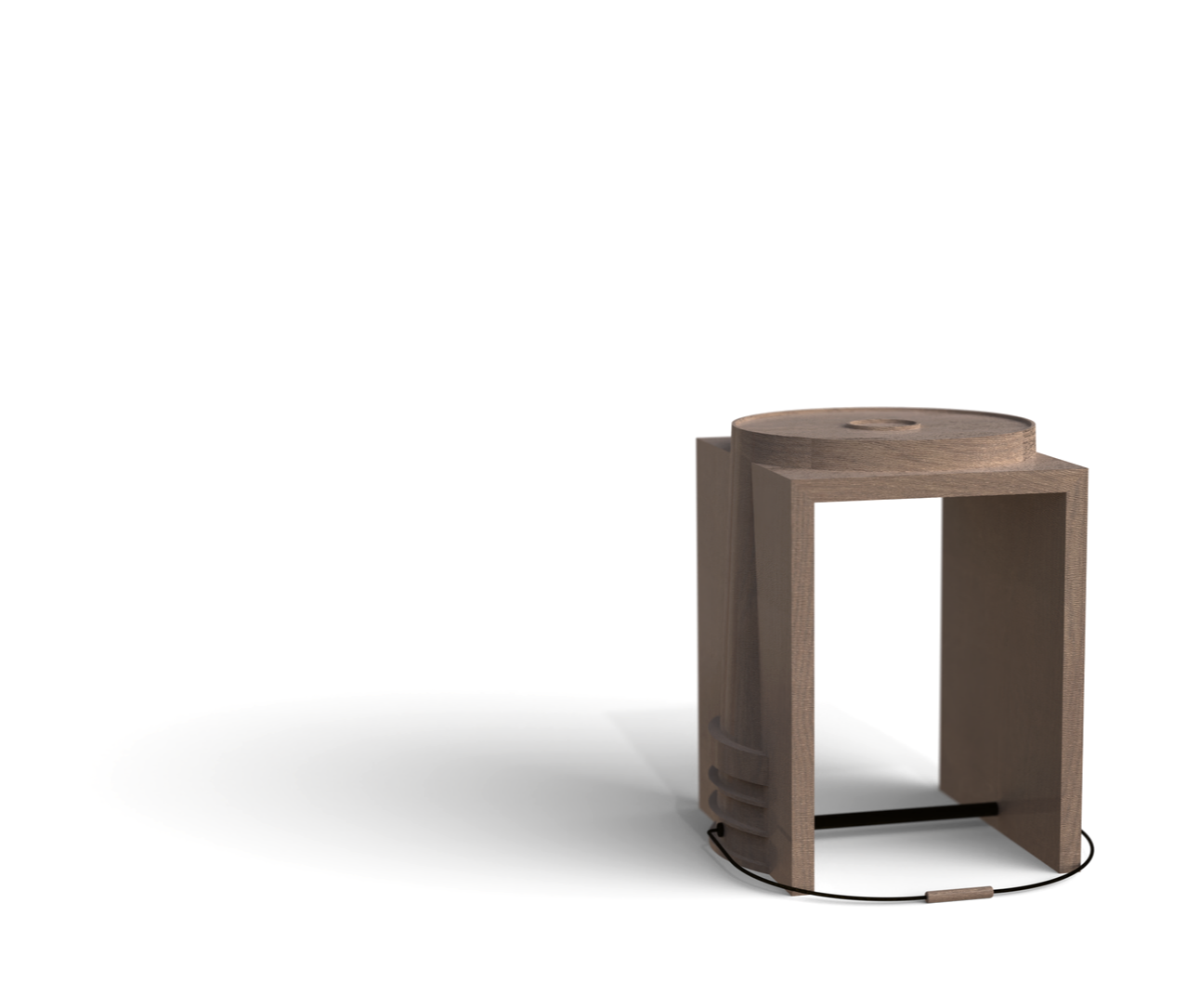Modern wooden side table with an oval top and open rectangular frame, featuring a black power cord and minimalist design.