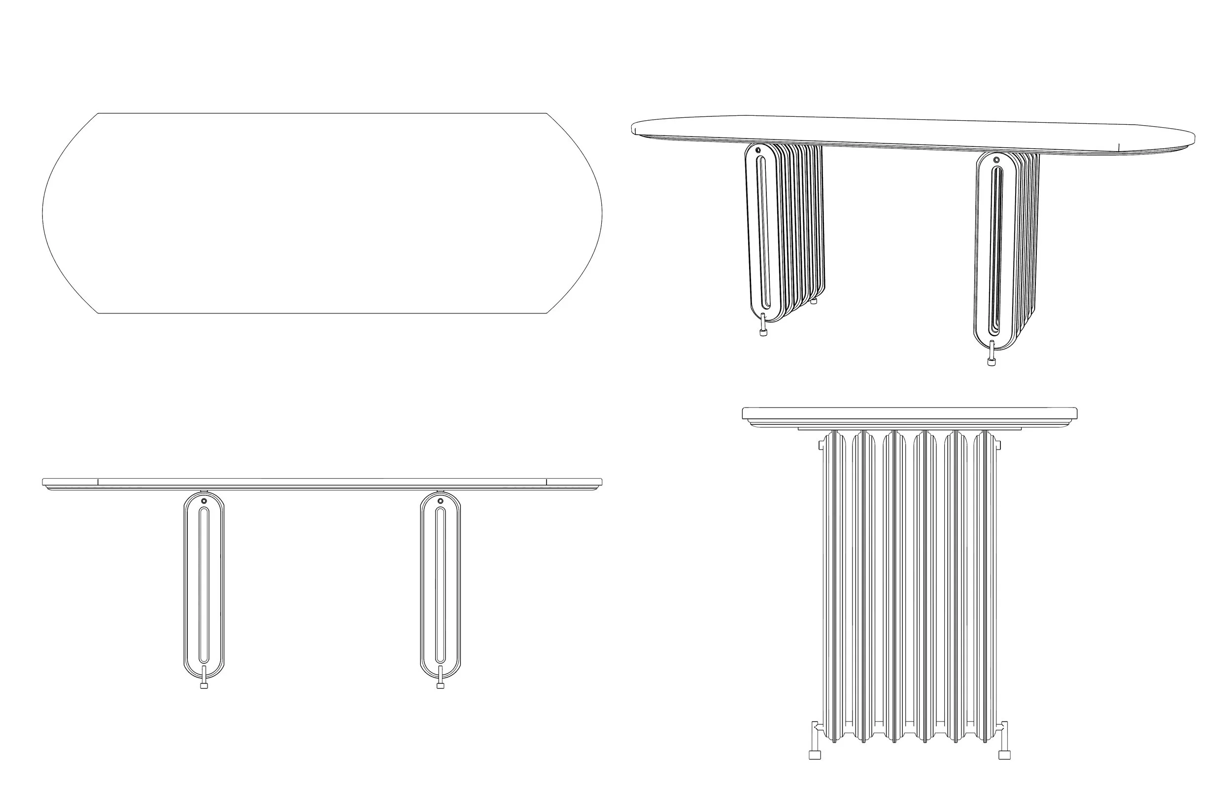 Technical drawing of a piece of furniture, possibly a table, showing top view, side views, and a detailed view of the legs or support structure with a slatted or ribbed design.