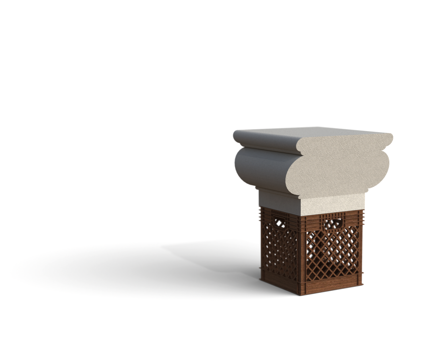 A decorative pedestal with a curved, layered top and a lattice wooden base.
