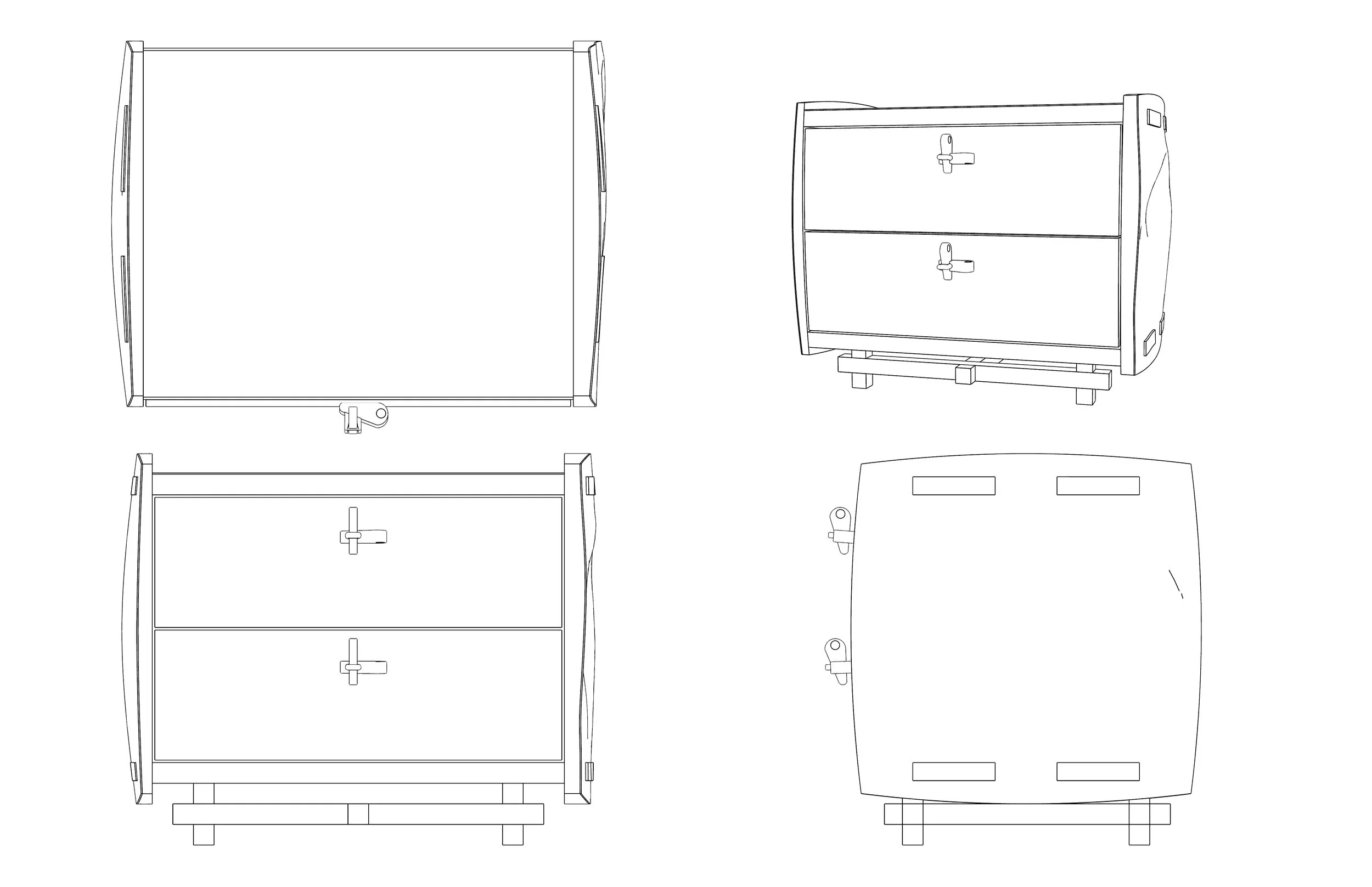 Line drawing of a small wooden cabinet with two drawers and a curved top, shown from four different angles.