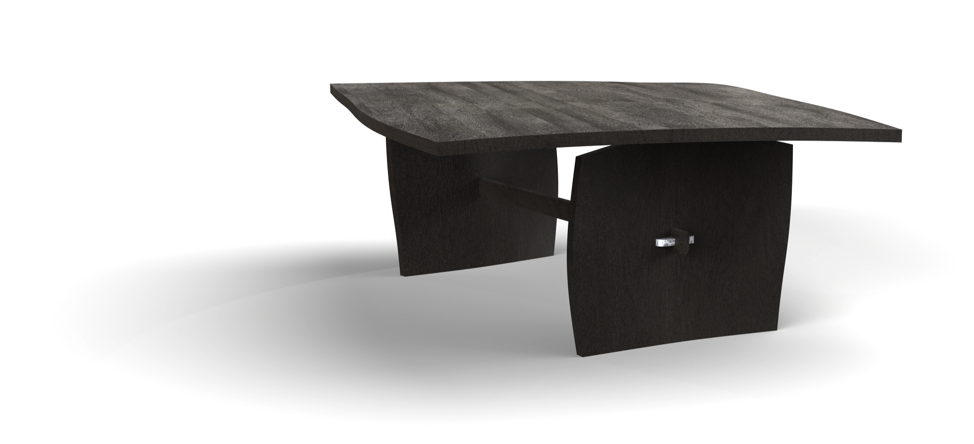 Modern black wooden table with curved sides and a textured top, isolated on white background.