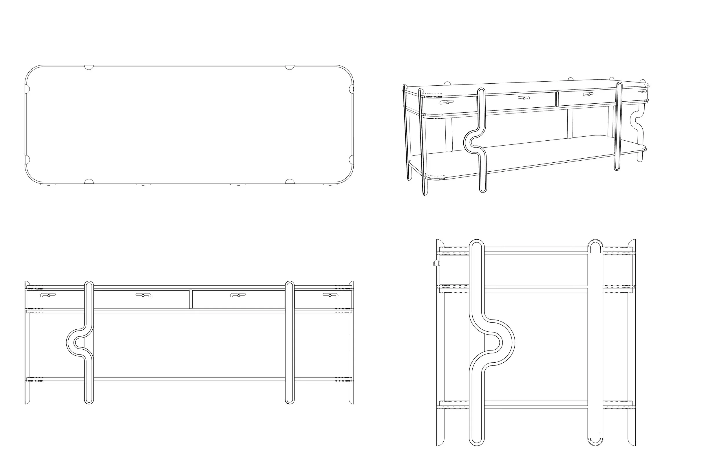 Line drawing of a multi-tiered storage or display shelf with rounded corners and curved support elements, shown from top, front, side, and back perspectives.