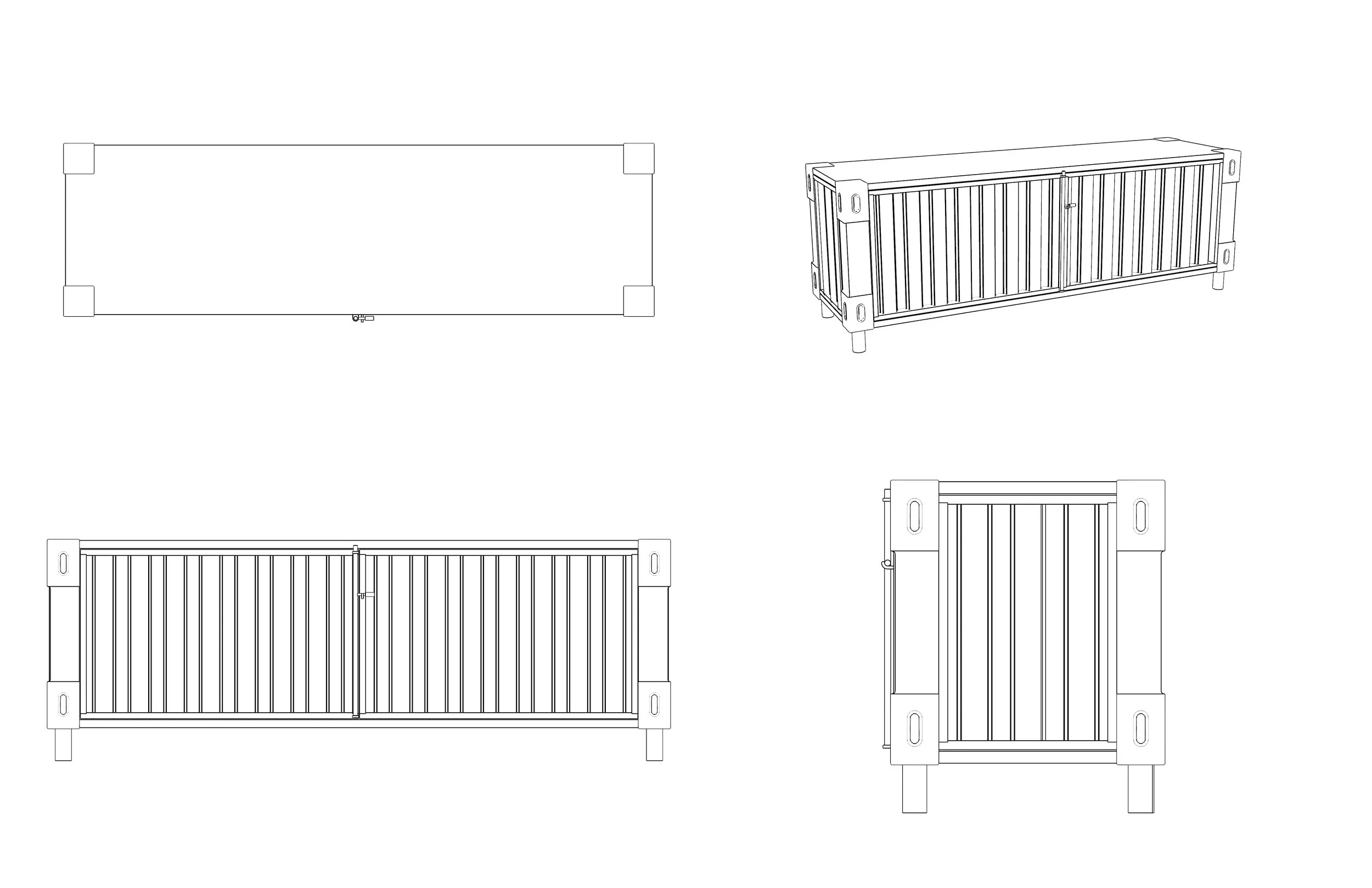 Technical schematic drawings of a shipping container with different views, including top, front, side, and isometric perspectives.