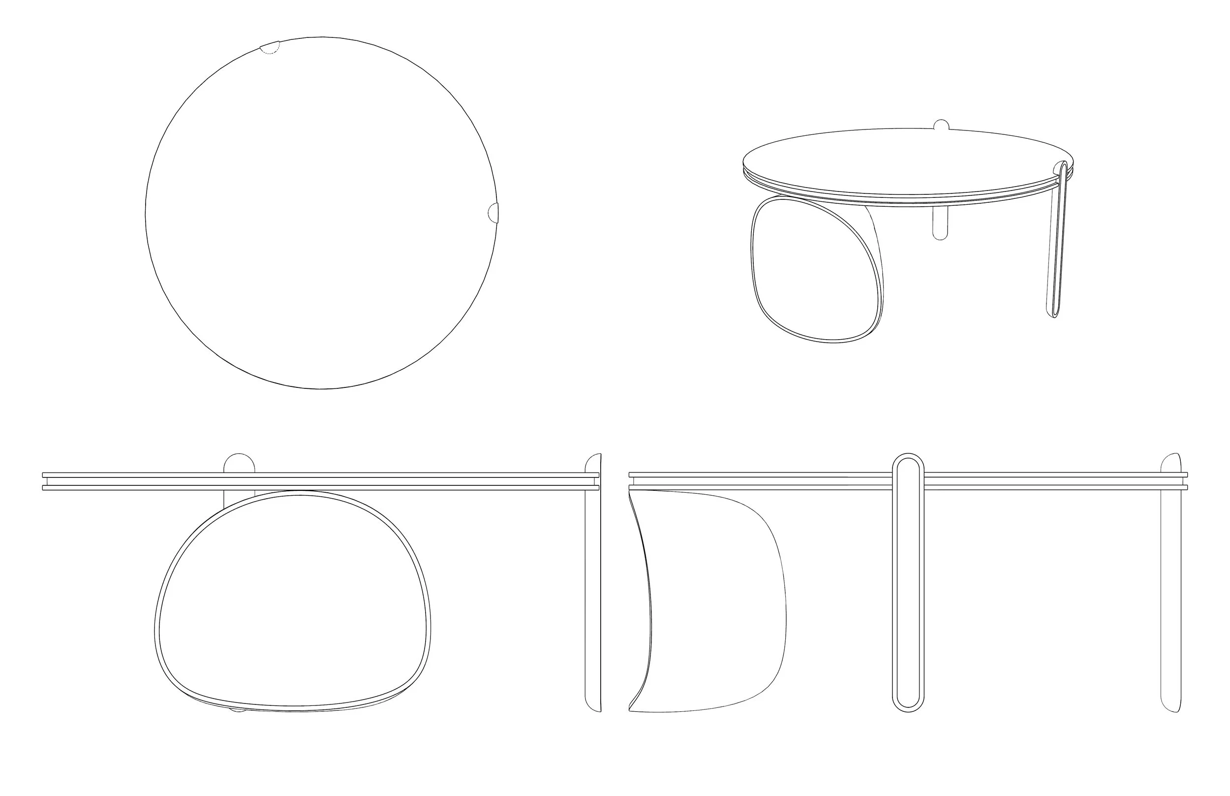 Line drawing of a round table with four different views: top, side, front, and an angled perspective.