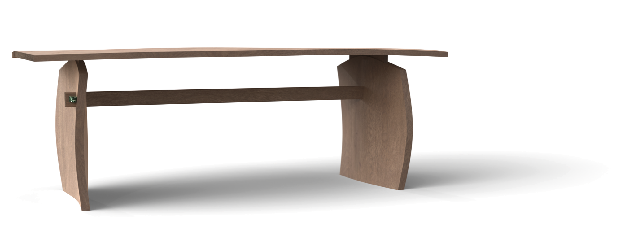 Modern wooden bench with sculptural curved side supports and a horizontal back crosspiece, on a white background.
