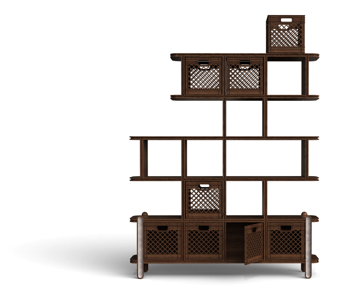 Wooden shelving unit with multiple compartments, some with lattice doors, set against a white background.