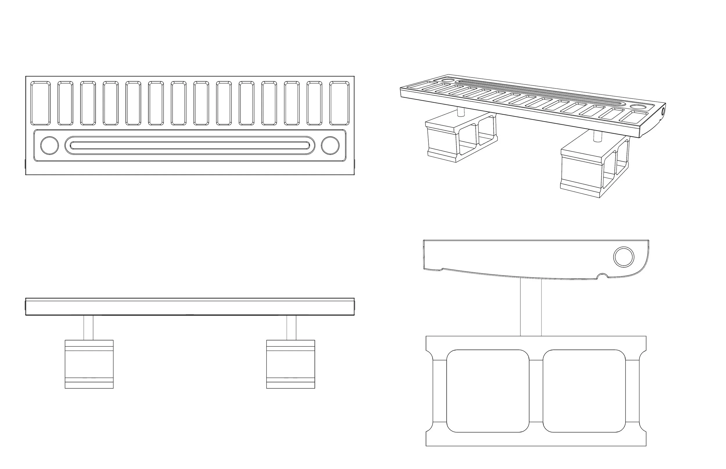 Line drawings of a guitar bridge and parts, including a top view, side view, bottom view, and assembled bridge with blocks supporting it.