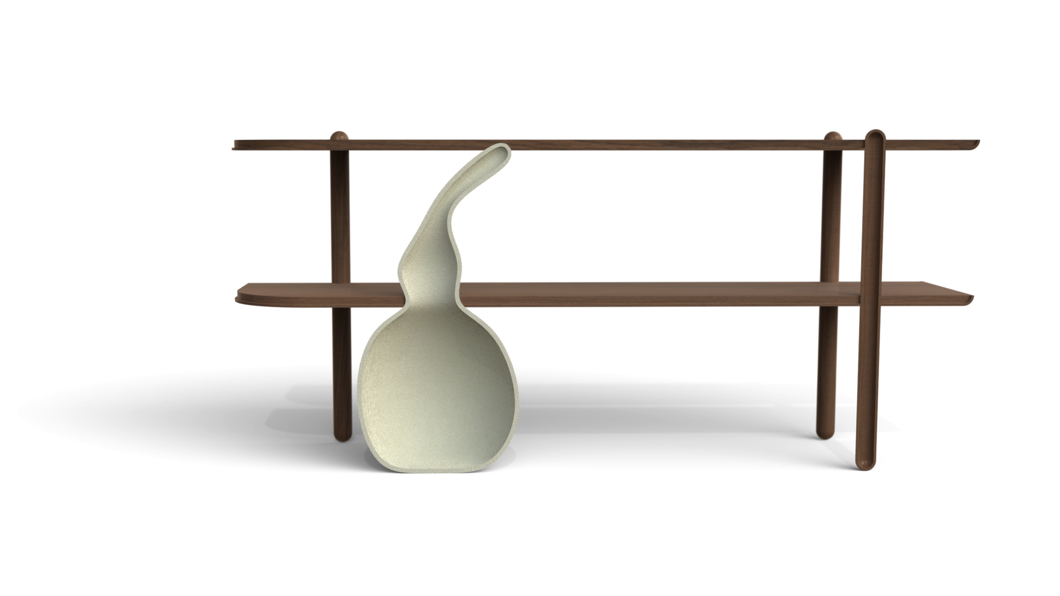 Modern wooden shelf with a large spoon-shaped object leaning against it.