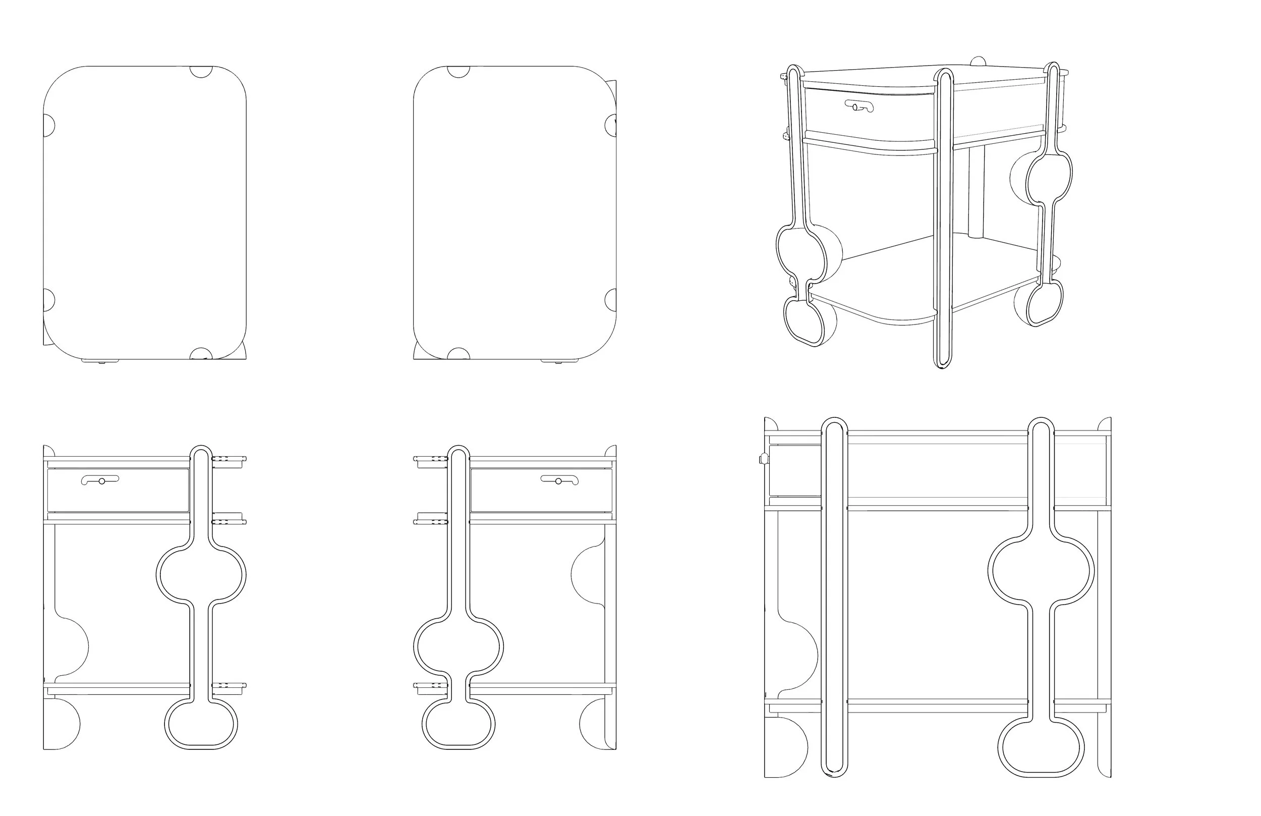 Blueprint of a cart with four different views and a wireframe 3D model of the same cart.
