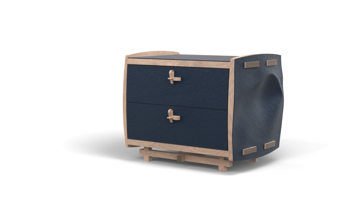 A modern wooden dresser with navy blue drawer fronts and light wood trim, featuring two drawers with small wooden handles, standing on a wooden base.
