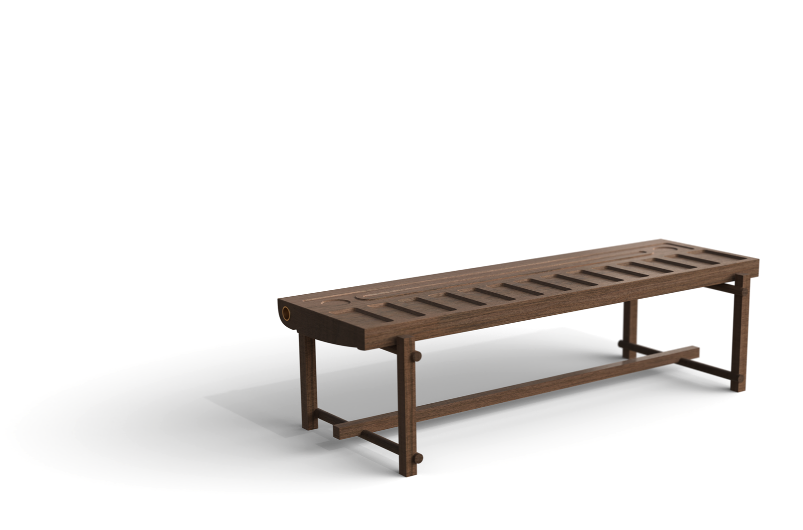 A wooden bench with a slatted seat and backing, supported by four legs, set against a plain white background.