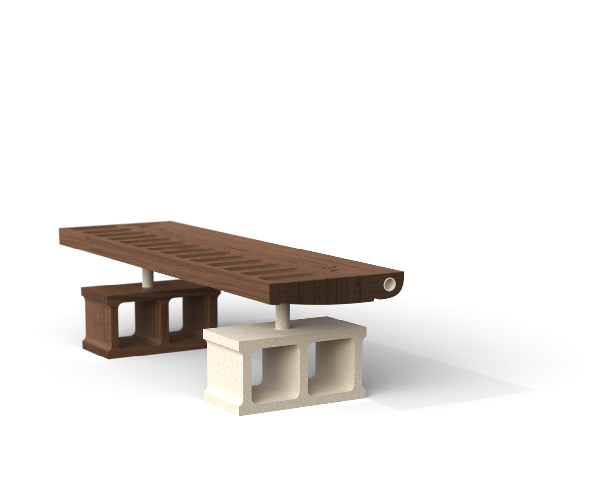 Modern minimalist coffee table made of wooden top and concrete block supports with an open square design.