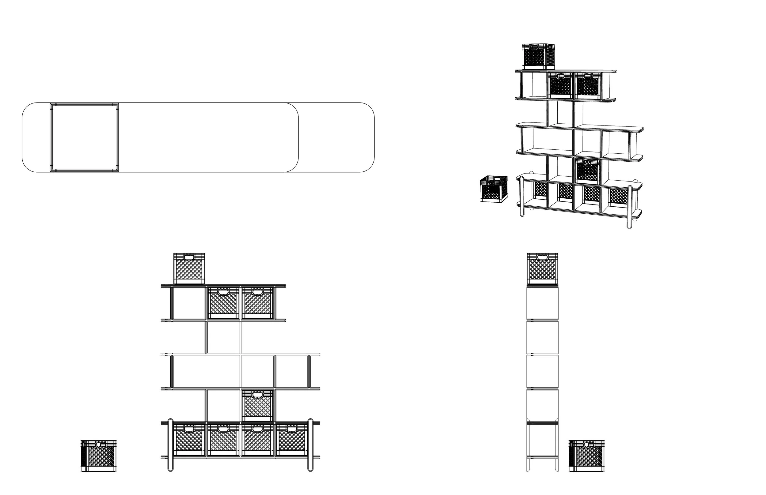 Technical drawing of a multi-level outdoor structure with several platforms, railings, and storage units, depicted from multiple angles.