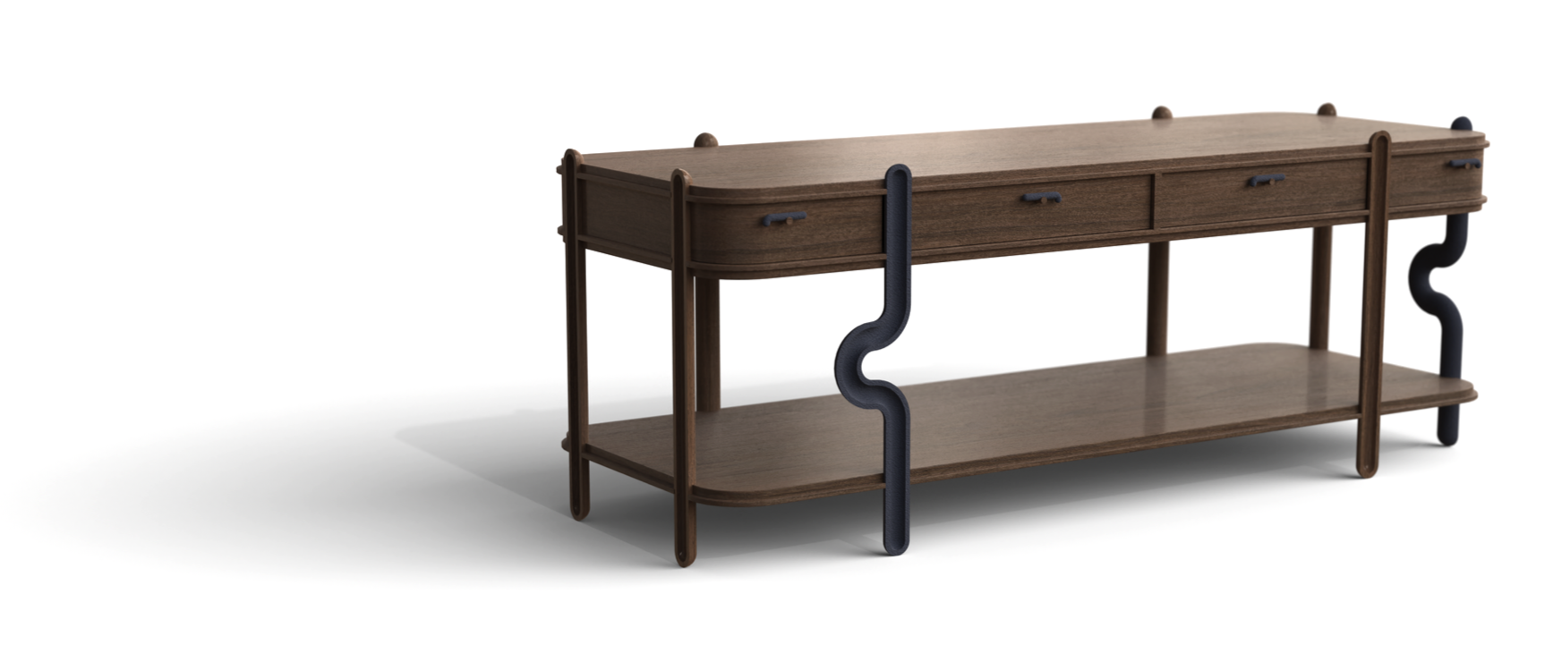 A modern wooden two-tier console table with rounded edges, dark metal accents, and a minimalistic design.