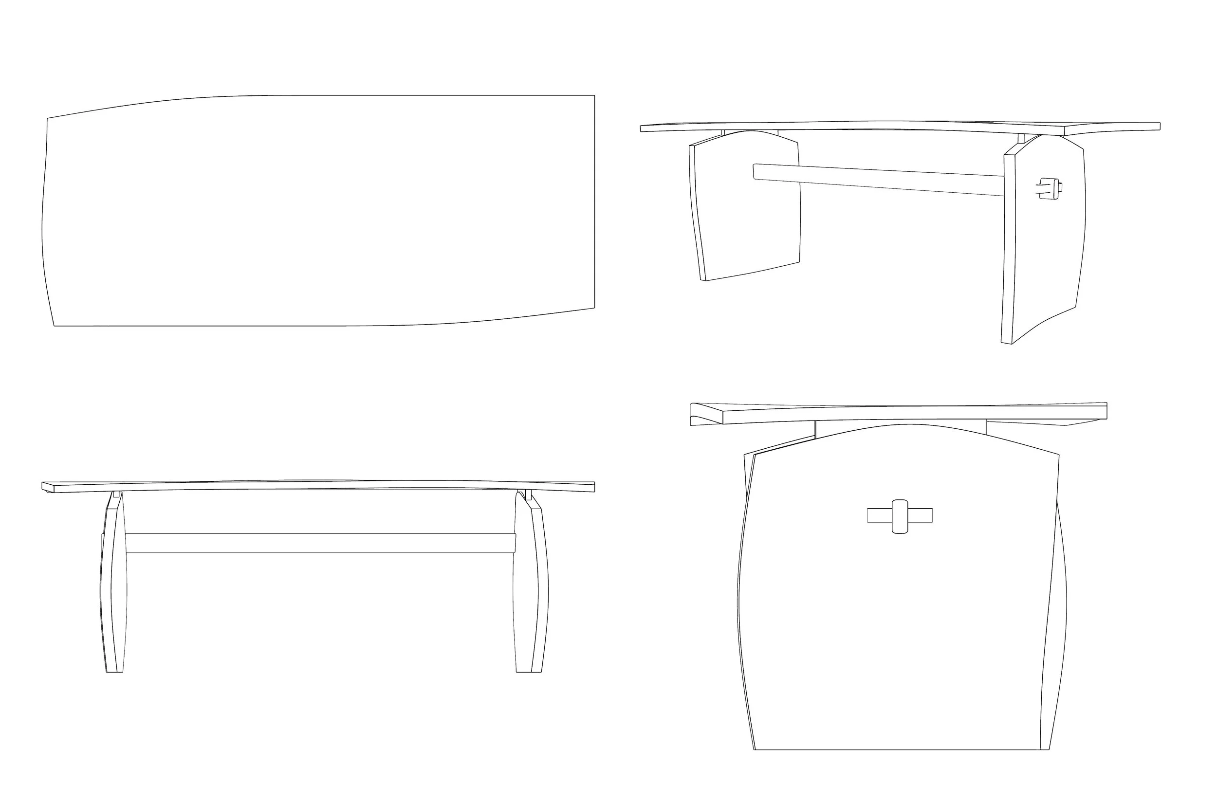 Line drawings of a table from multiple angles, showing a rectangular top and curved legs, with a cross-shaped detail on the side.