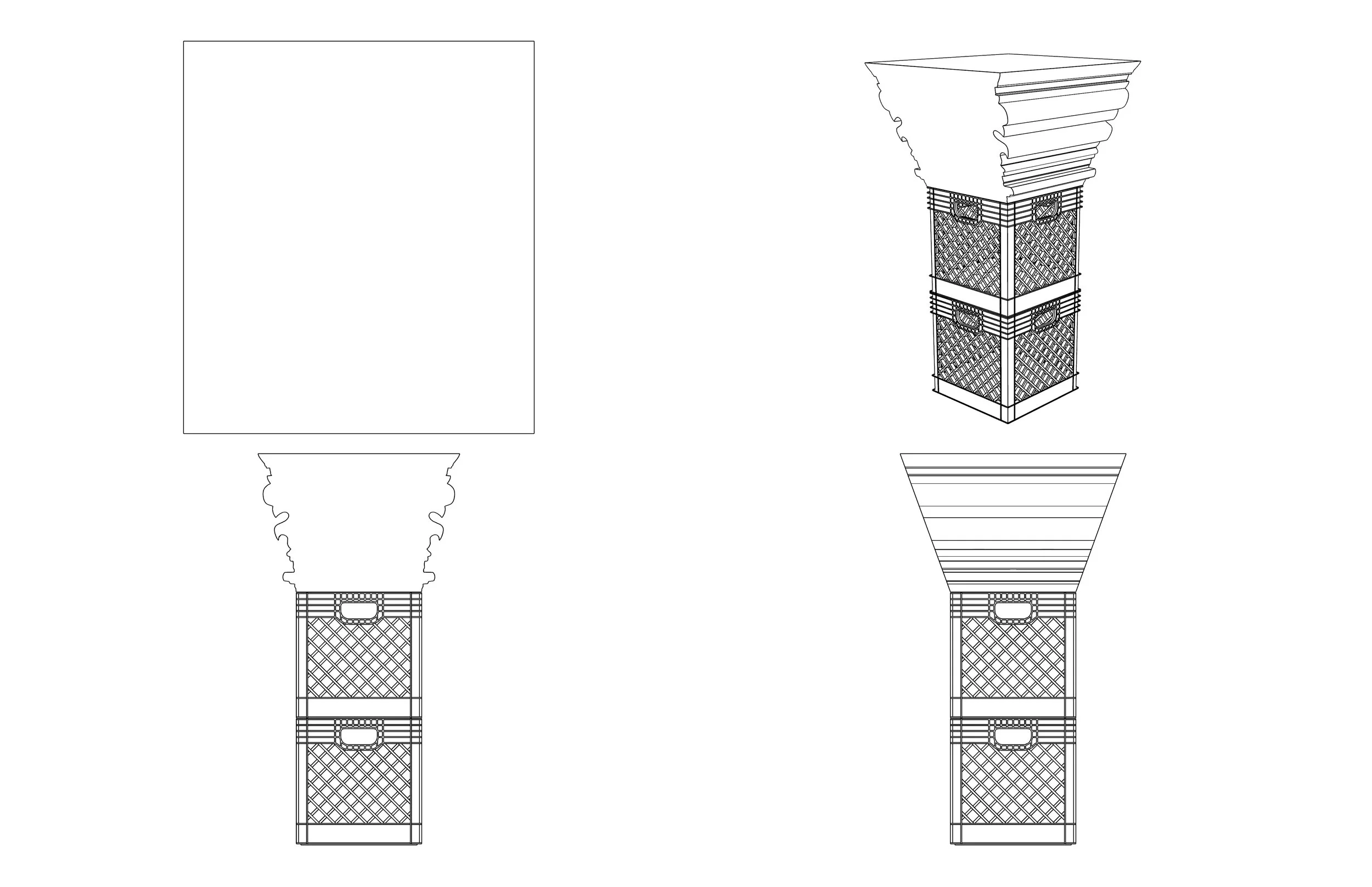 Four detailed line drawings of a square-shaped container with a decorative top, viewed from different angles, including top, front, side, and isometric views.