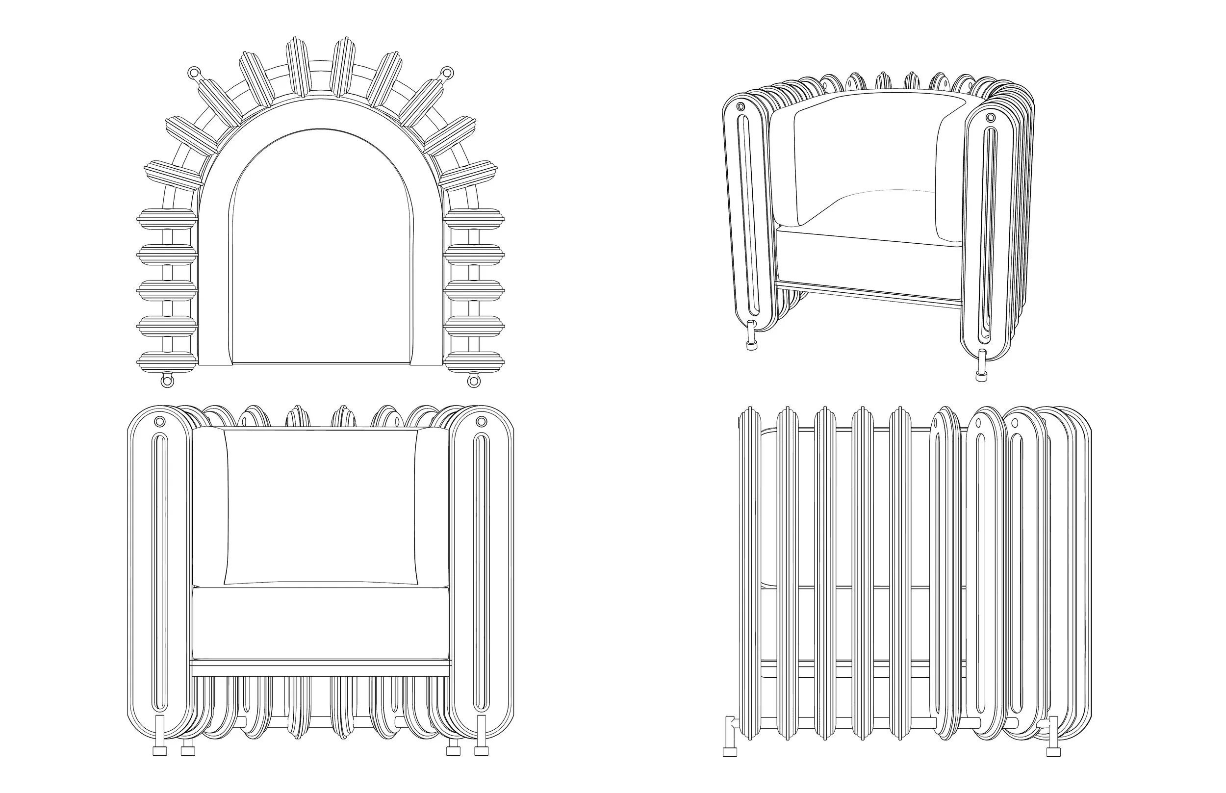 Line drawing of a modern chair with a rounded, ribbed frame and a cushioned seat.