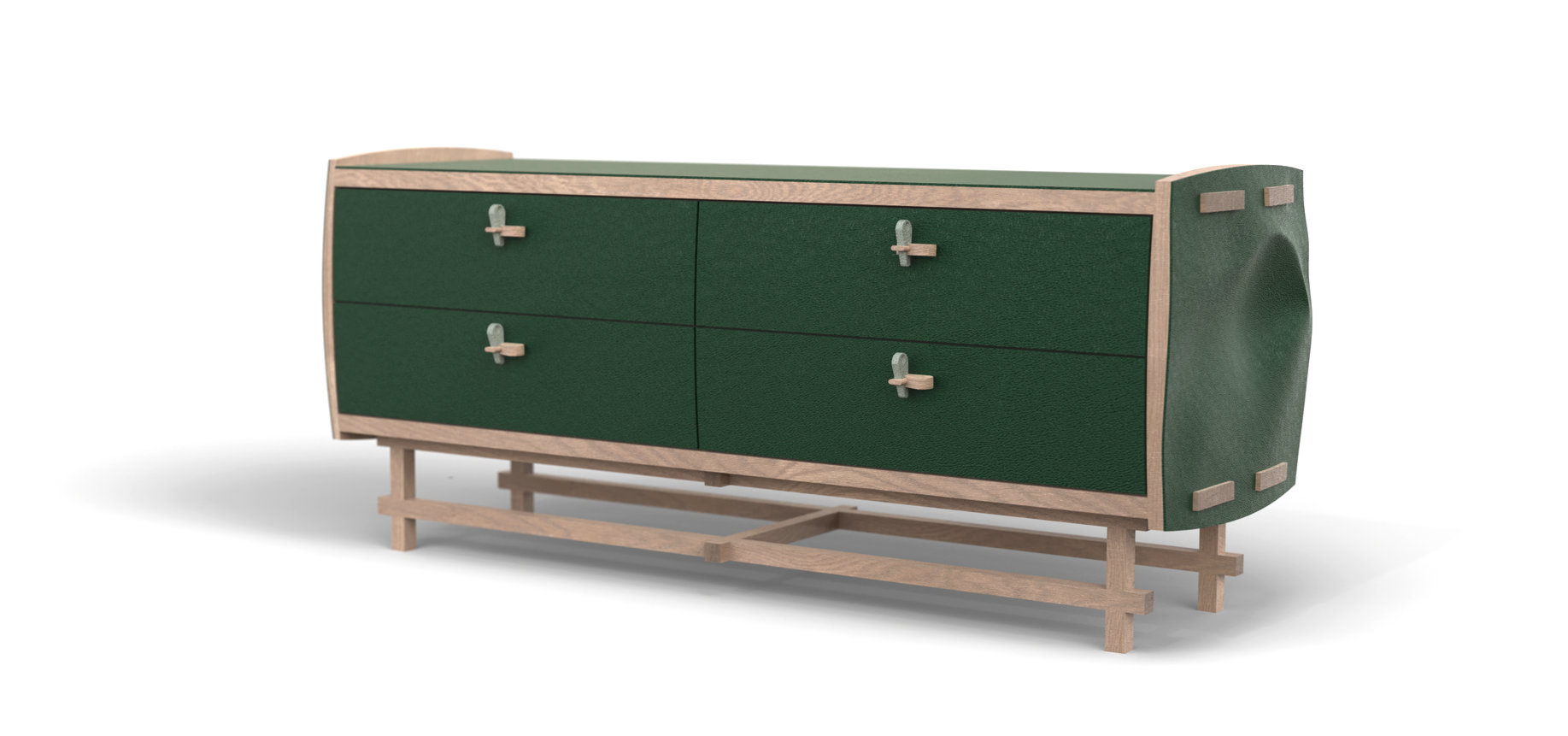 A mid-century modern wooden sideboard with a curved design, green drawers, and a light wood frame, supported by a matching wooden base.