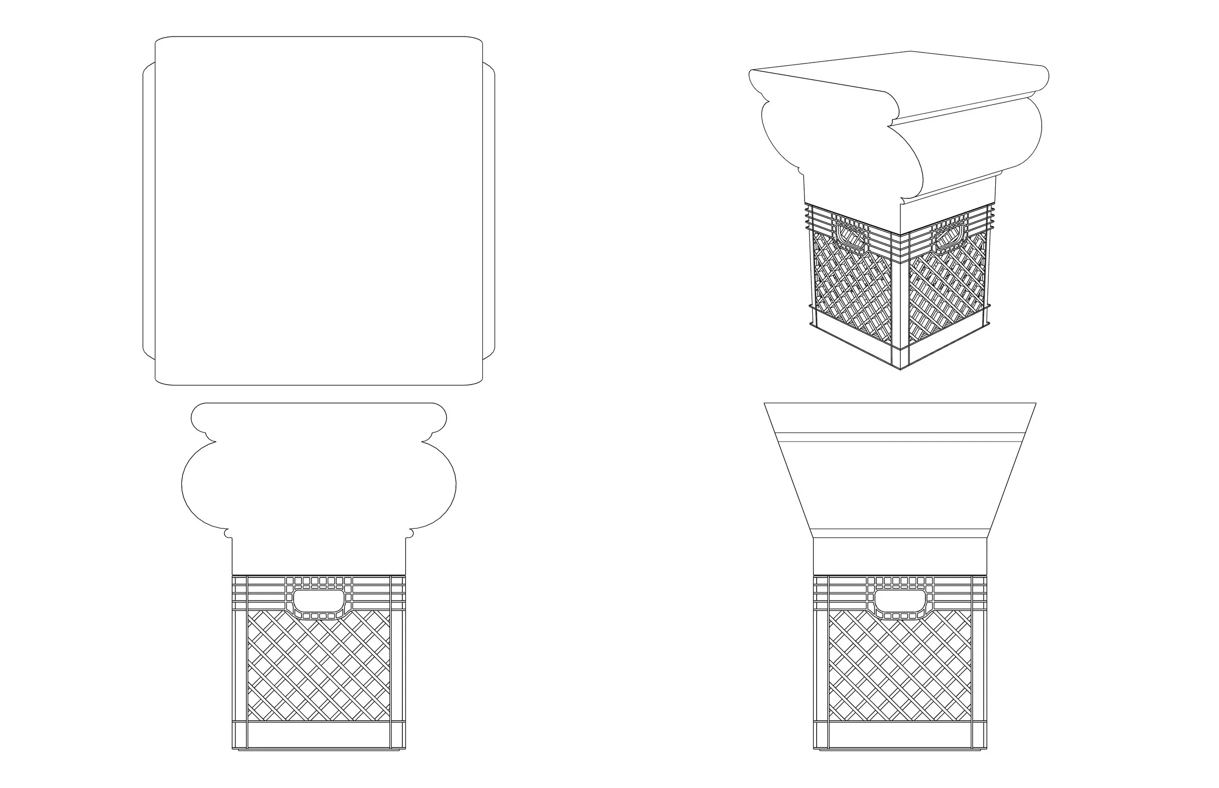 Technical drawing of a decorative fireplace mantel with intricate base details, shown from top, side, and front views.