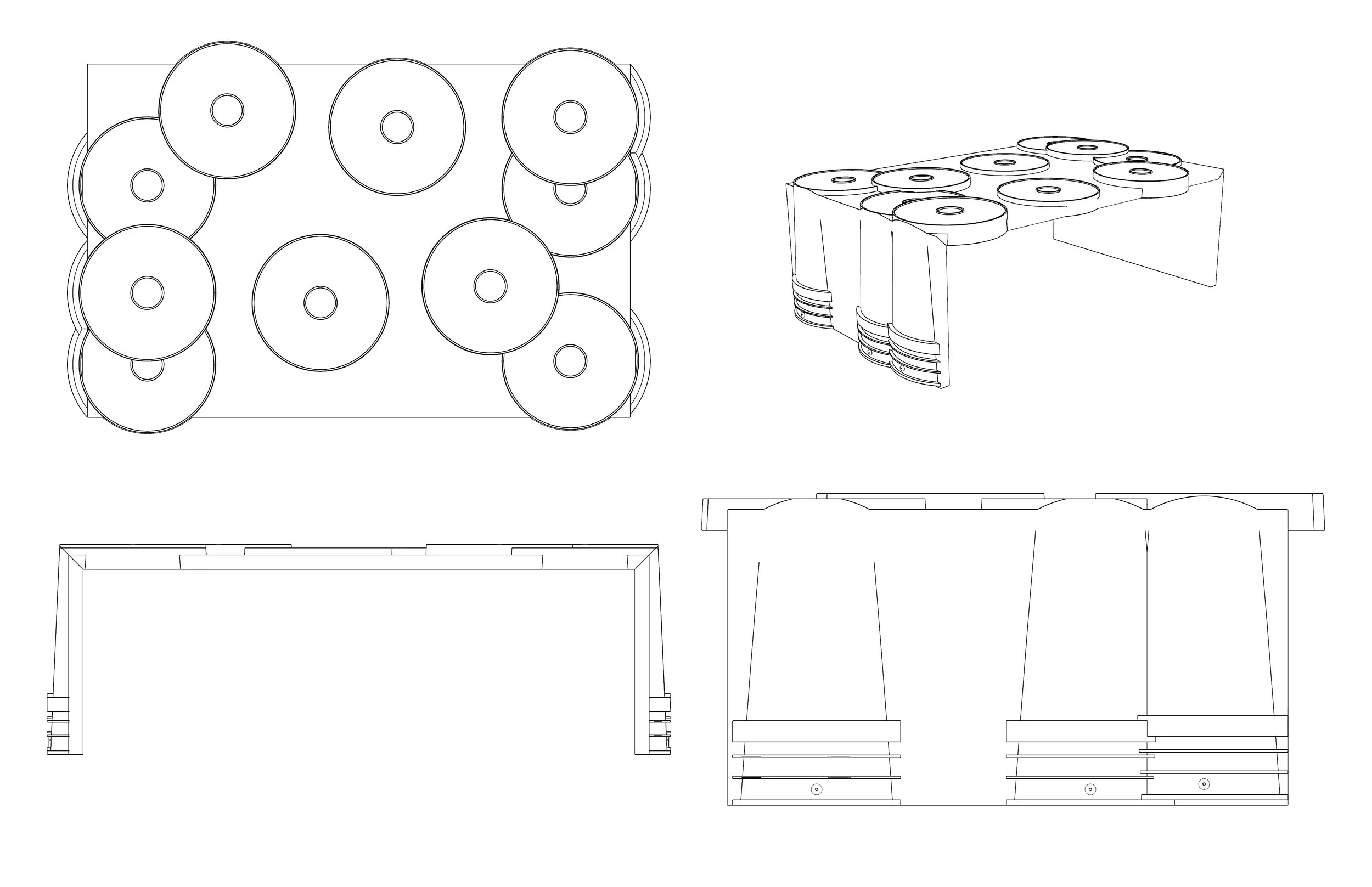 Technical drawing of a device with multiple circular components, shown in top, side, and front views.