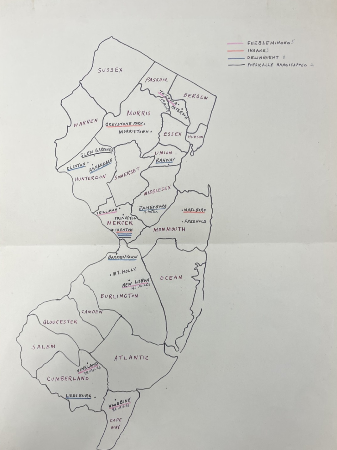 Hand-drawn map of New Jersey counties with institutions for "feeble-minded," "insane," "delinquent," and "physically handicapped" marked with dots, color-coded by type of institutions.