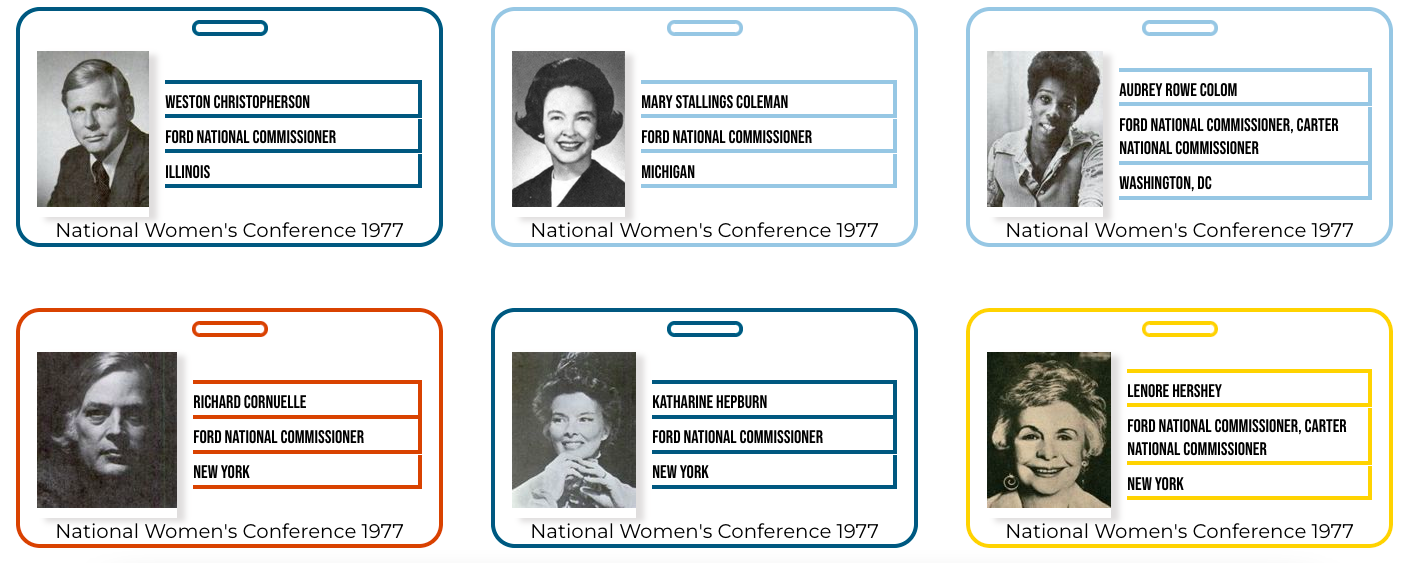Screenshot from Sharing Stories. Two cards, one reads Mary Stallings Coleman, Ford National Commissioner, Michigan, National Women's Conference 1977; Katharine Hepburn, Ford National Commissioner, New York, National Women's Conference 1977.