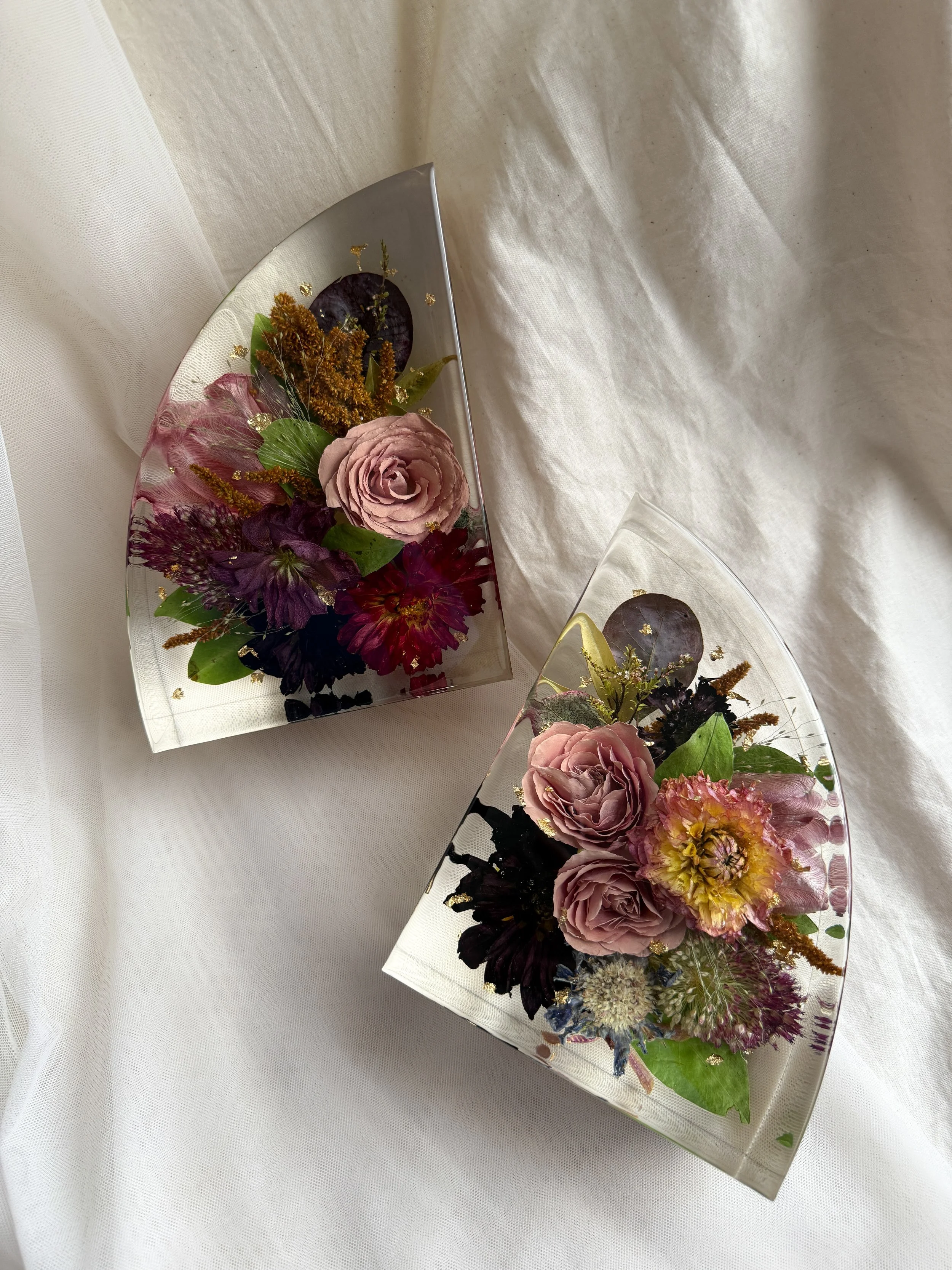 Colorful flowers prepared for custom floral preservation as resin book ends