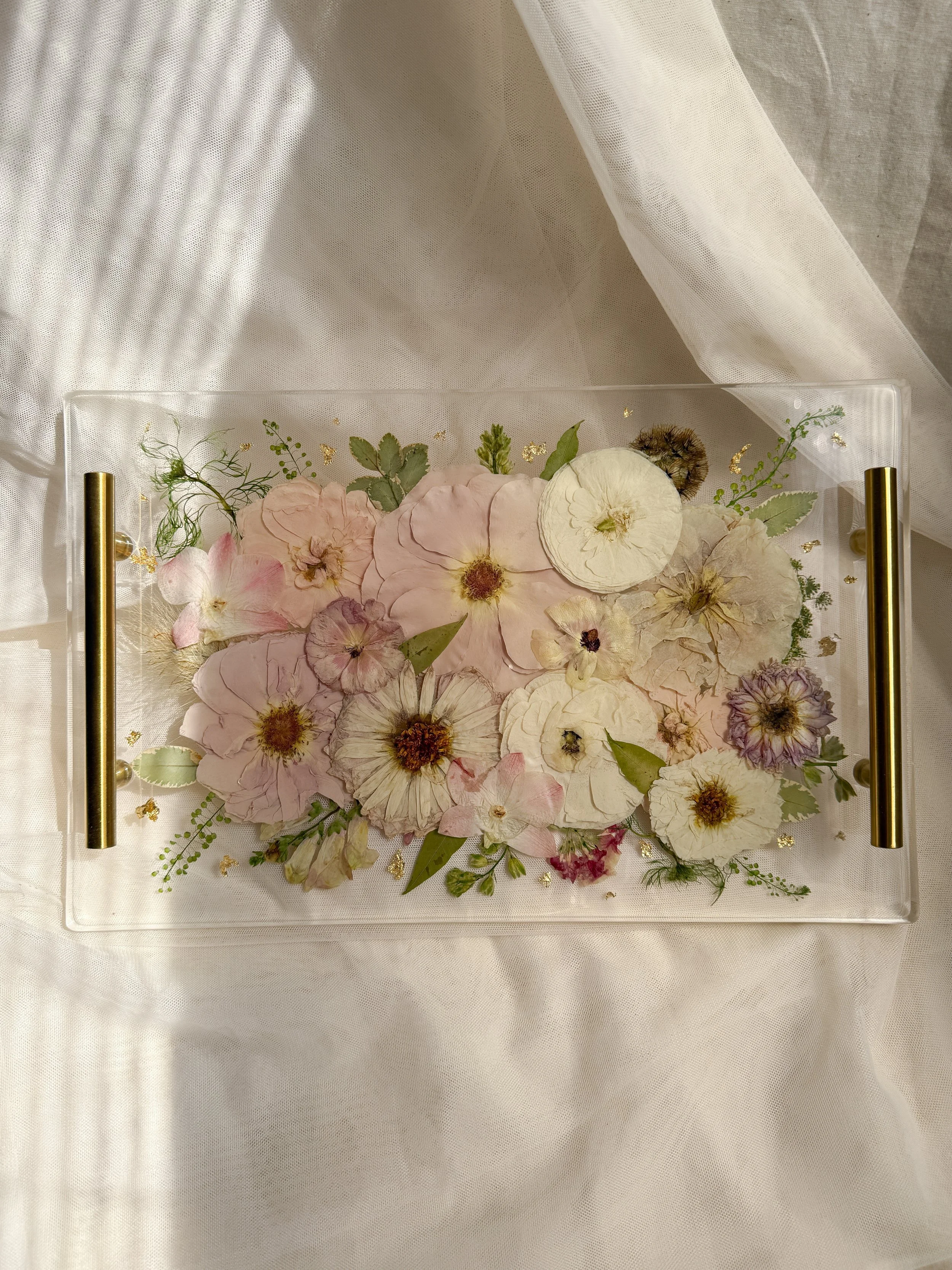 Large rectangle resin tray featuring preserved pale pink and ivory flowers with delicate greenery