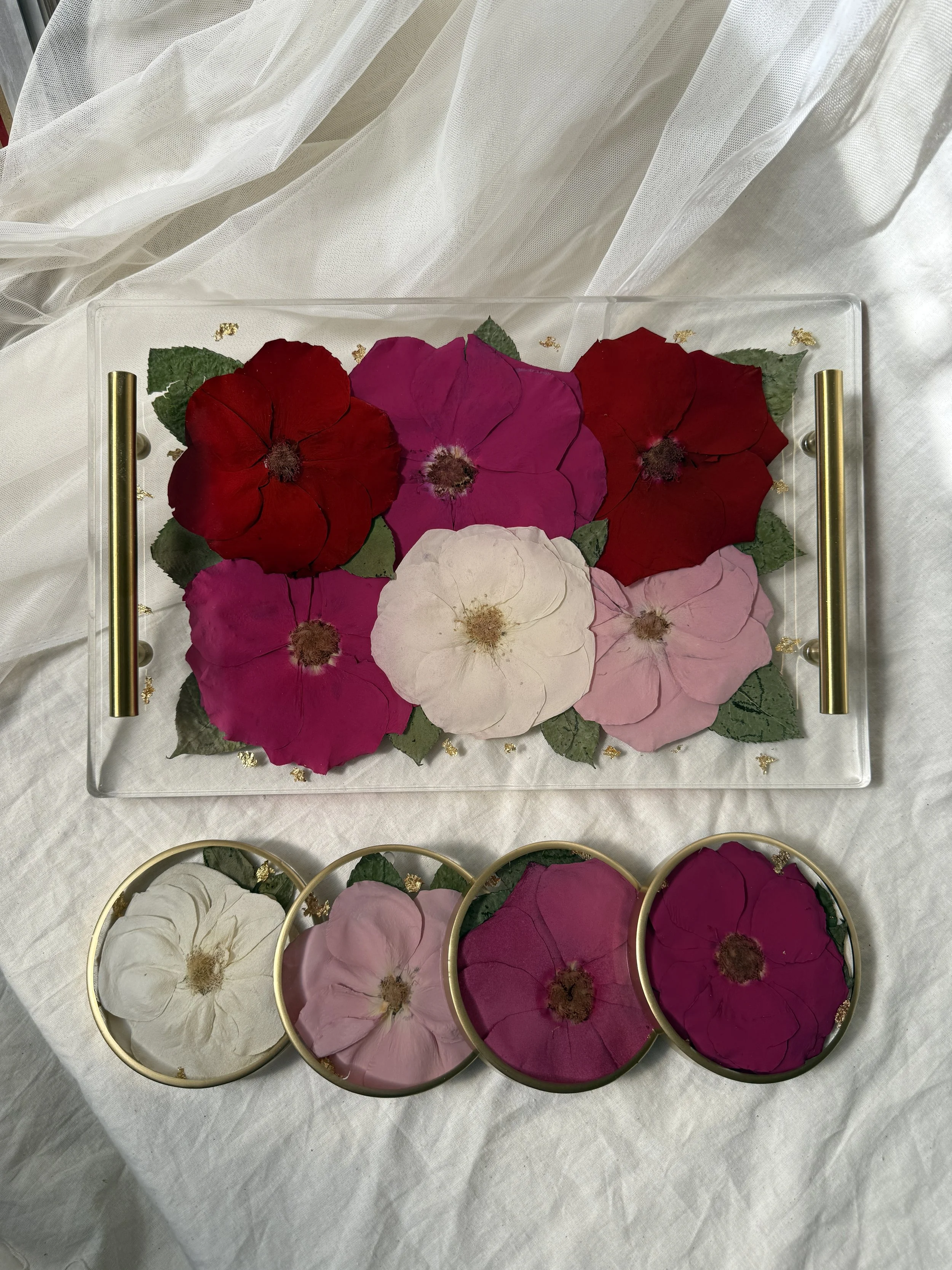 Large rectangle resin tray preserving red, fuchsia, blush, and white flowers with four matching floral coasters