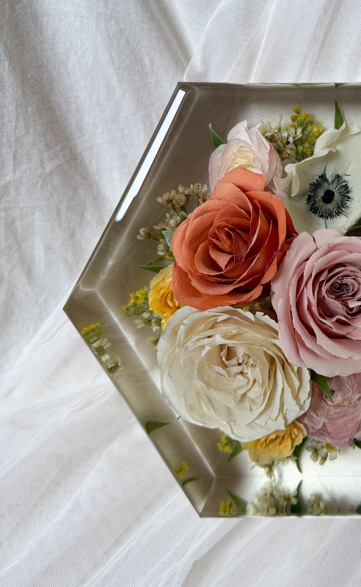 Hexagonal preserved flower arrangement with roses and mixed blooms