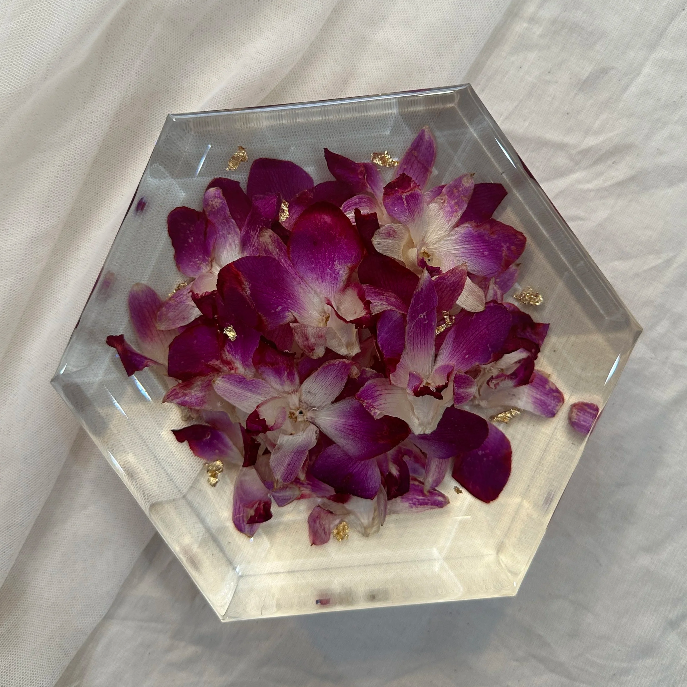 6-inch resin hexagon featuring preserved purple orchid flowers with delicate gold flake accents