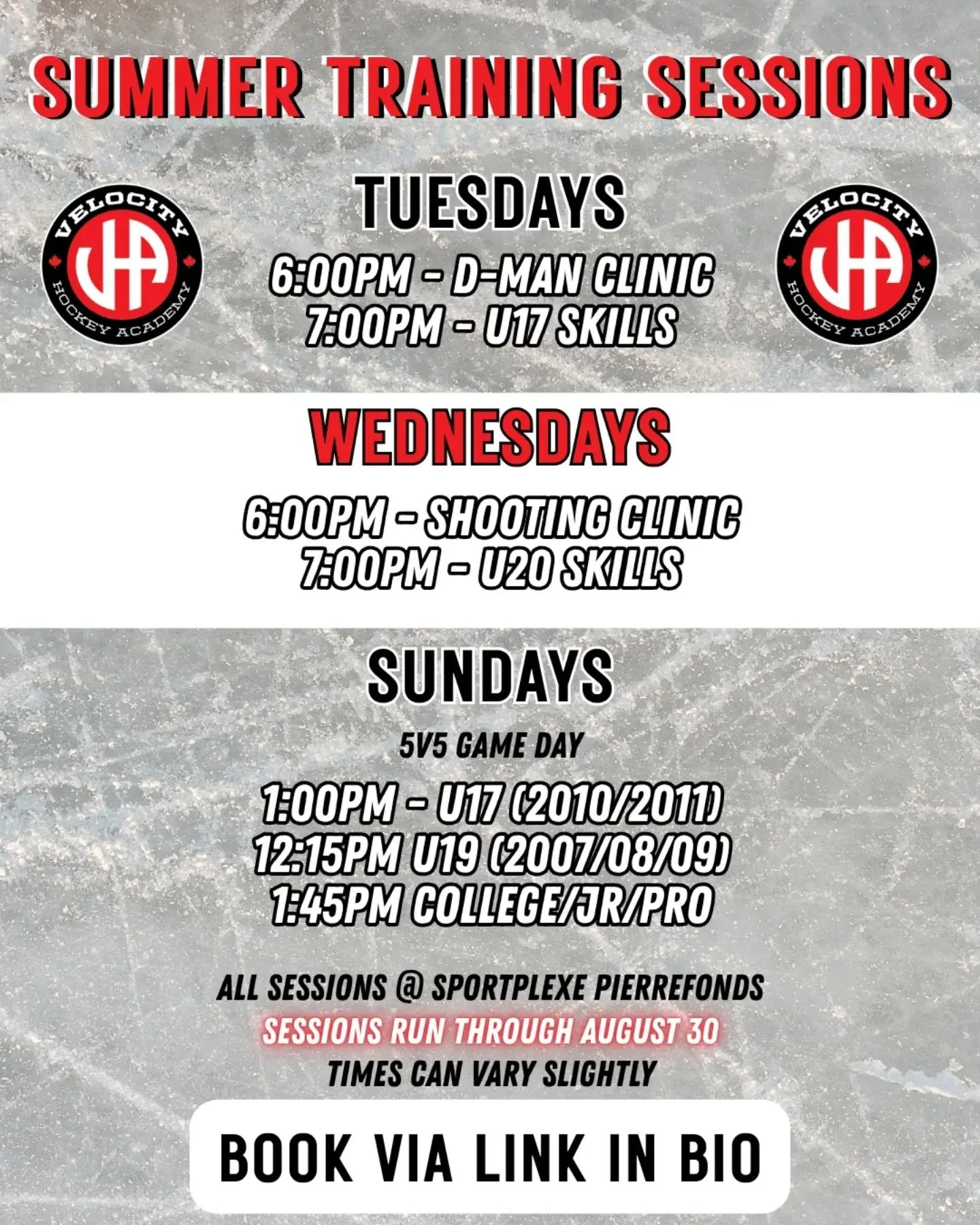 Les entraînements et les matchs d'été de Velocity Hockey ont commencé ! Réservez votre place dès maintenant via le lien dans notre bio. Veuillez noter que les stages de défenseurs et de tirs sont réservés aux joueurs nés en 2012 et après. Tous les entraînements et les matchs sont ouverts à tous. 