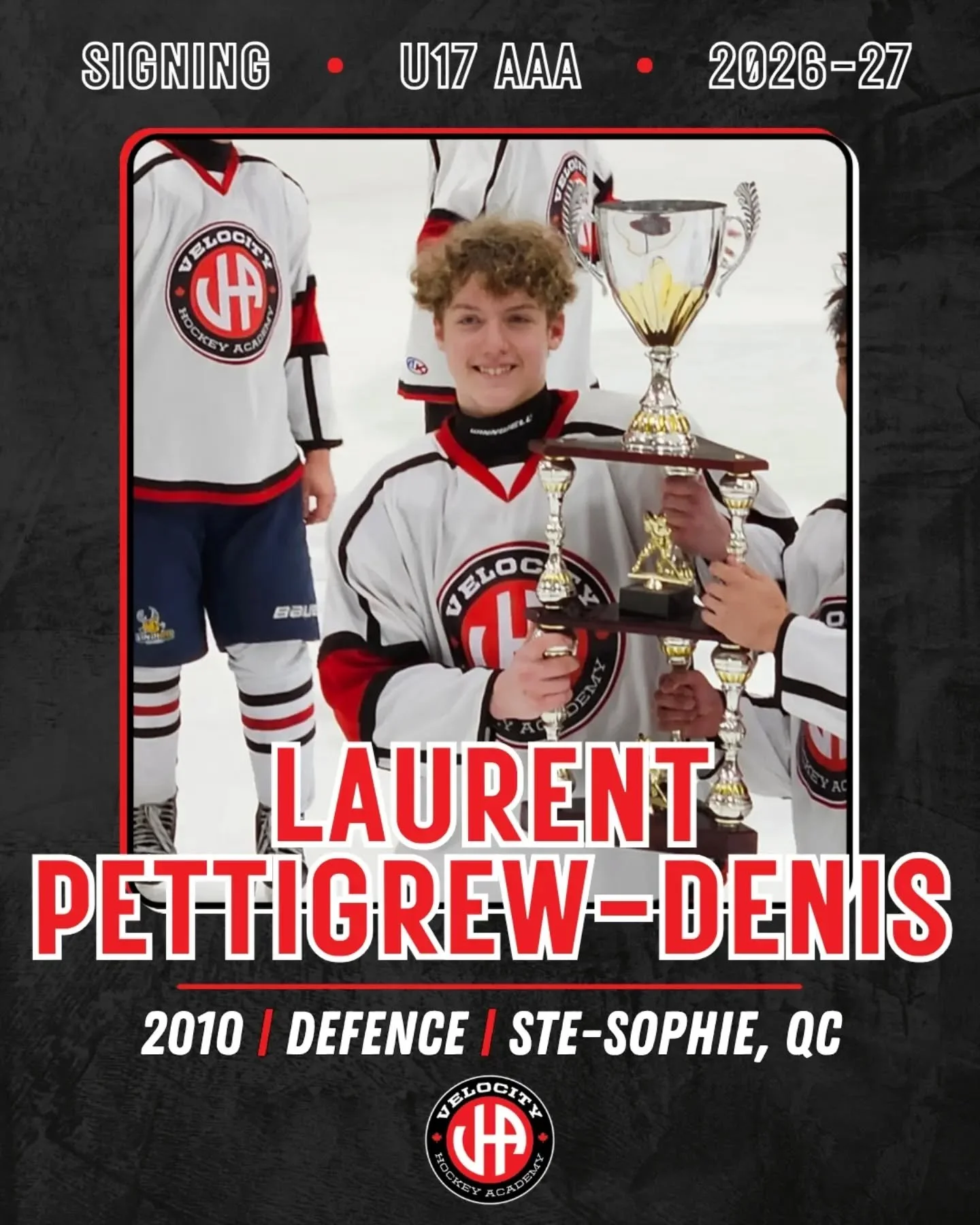 L'Académie Velocity Hockey est heureuse d'annoncer la signature du défenseur Laurent Pettigrew-Denis, né en 2010 et originaire de Sainte-Sophie, au Québec. Laurent est un joueur rapide et fiable, avide d'apprendre et