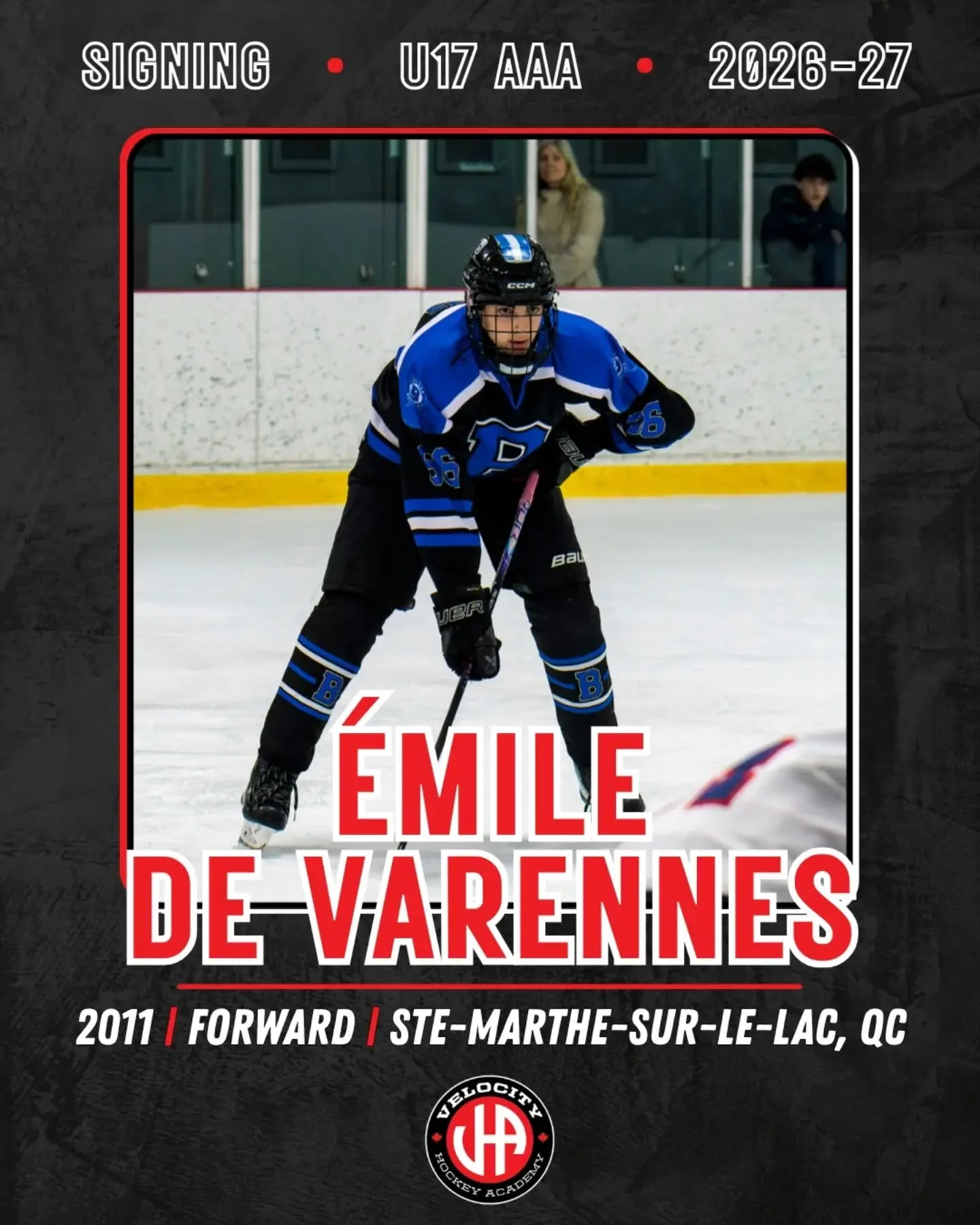 L'Académie Velocity Hockey est fière d'accueillir dans son équipe U17 AAA l'attaquant Émile de Varennes, né en 2011 et originaire de Sainte-Marthe-sur-le-Lac, au Québec. Émile fait preuve de resp