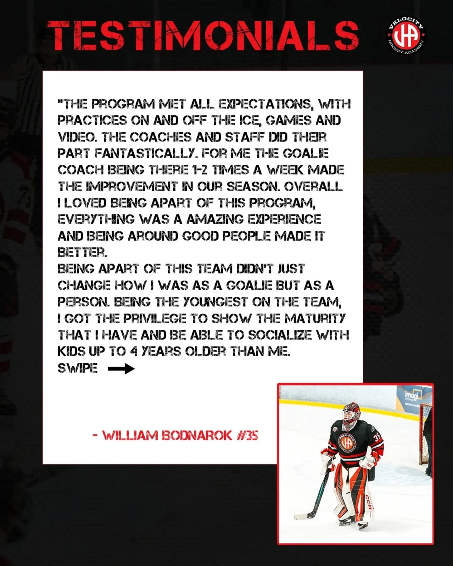 « Je suis fier d'annoncer que William Bodnarok a fait partie de l'équipe de hockey VHA 2025-2026. » - William Bodnarok (n° 35) partage ses impressions sur sa saison passée avec la Velocity Hockey Academy ! #vérification montreal #velocityhock
