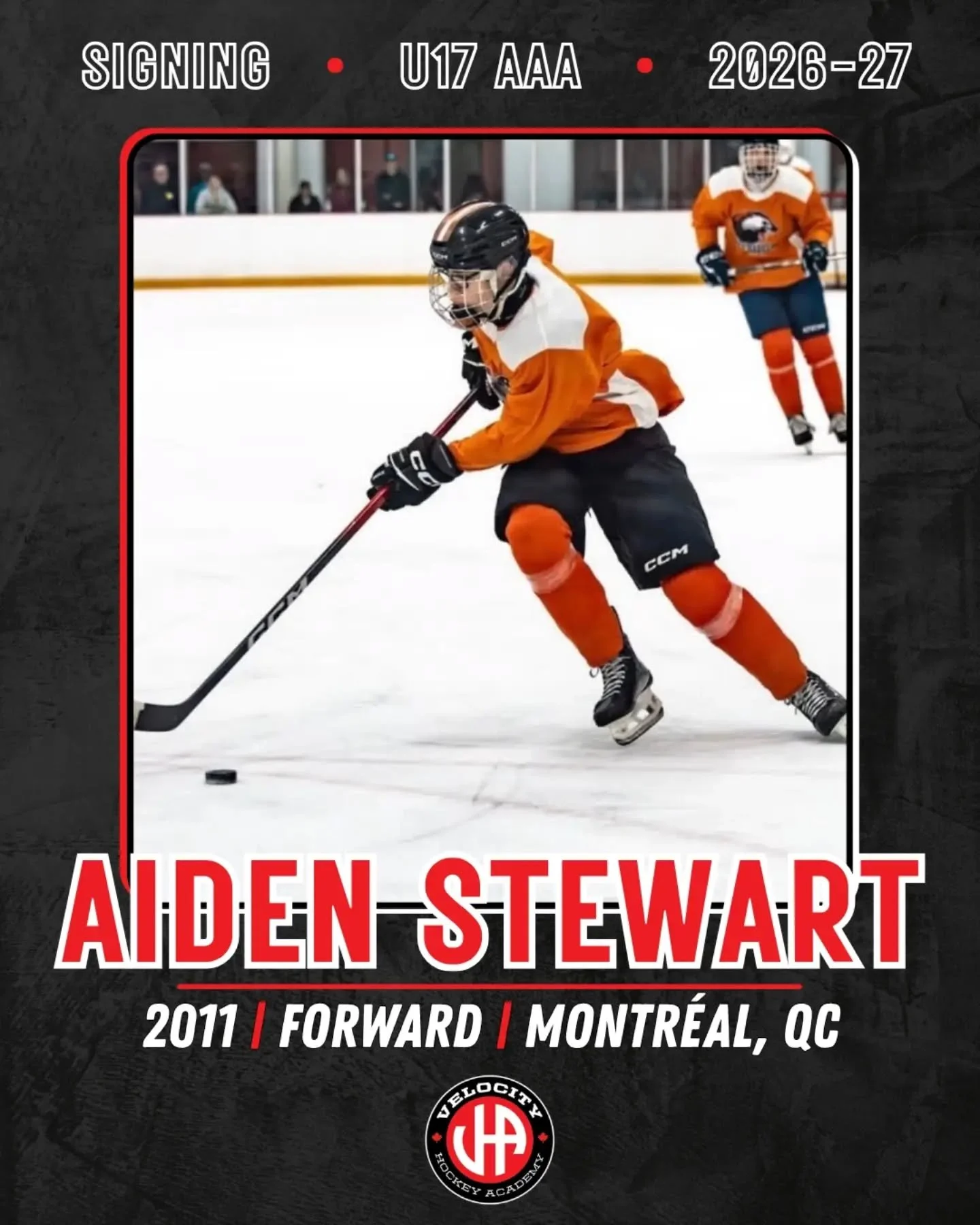 La Velocity Hockey Academy est heureuse d'annoncer la signature de l'attaquant Aiden Stewart, né en 2011, au sein de son équipe U17 AAA pour la saison 2026-2027. Aiden a évolué à la Kuper Academy pendant plusieurs saisons avant de se joindre aux Grizzlies de la CHA pour la saison 2025-2026.