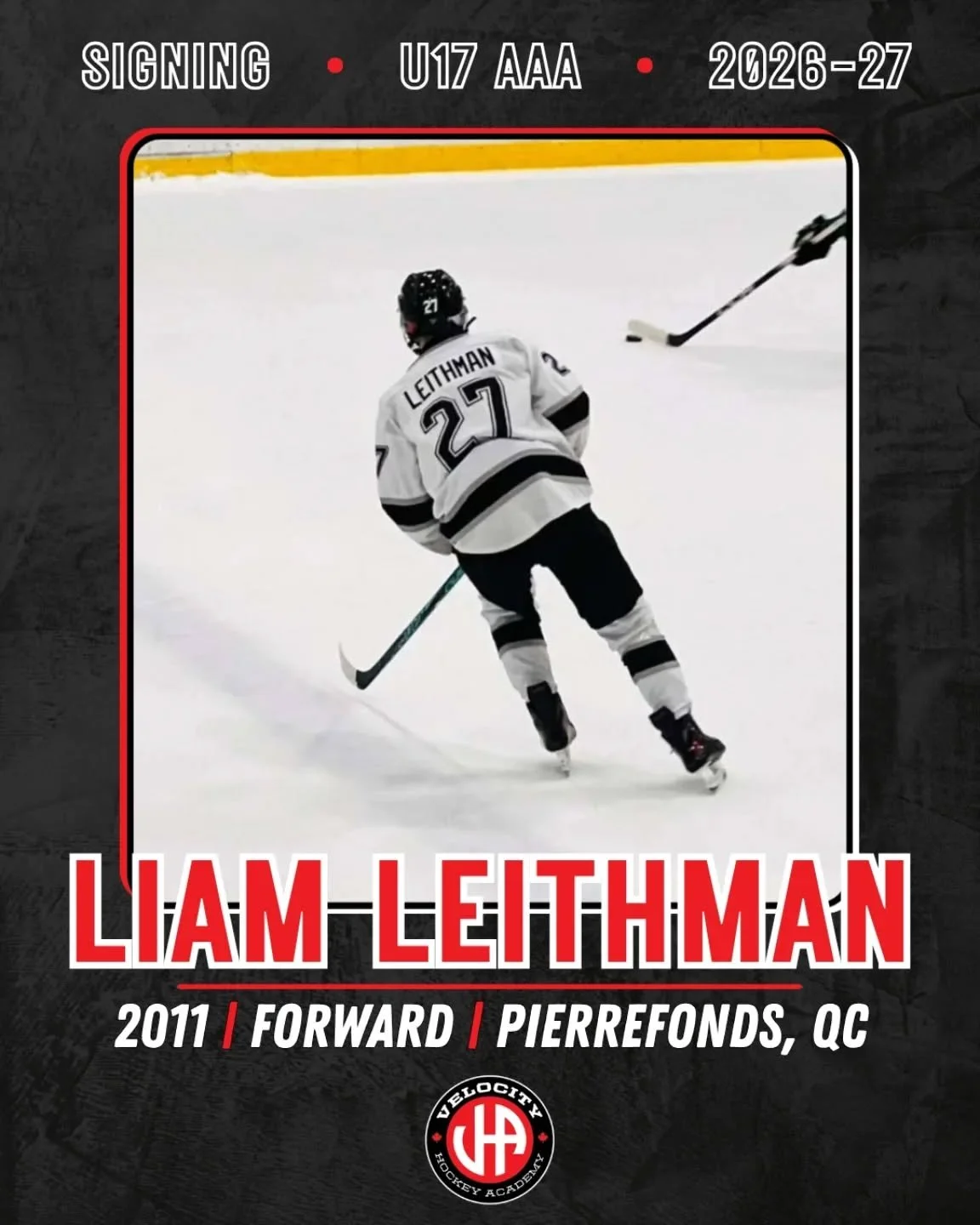 Liam Leithman est la toute nouvelle recrue de l'équipe U17 AAA de la Velocity Hockey Academy. Nous sommes ravis d'accueillir cet attaquant né en 2011 à Pierrefonds, au Québec. Liam se joint à nous après avoir disputé la saison avec le champion provincial, Lac St-Lo.