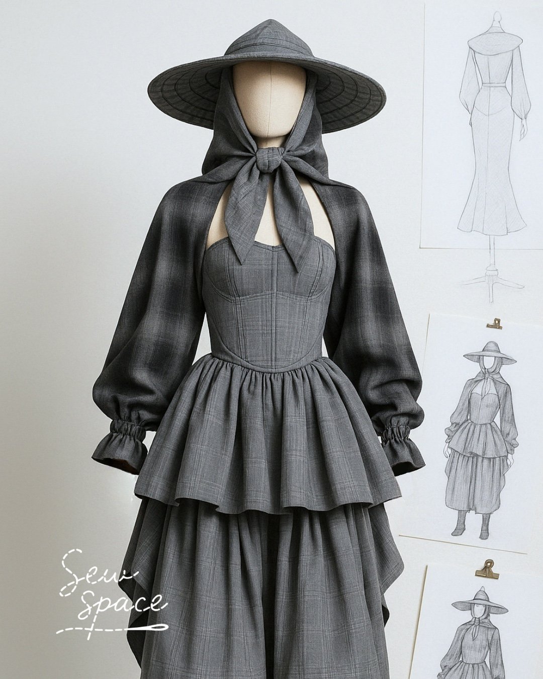 Mannequin wearing a gray, layered dress with a wide-brimmed hat and matching neck scarf, accompanied by fashion design sketches on the wall.