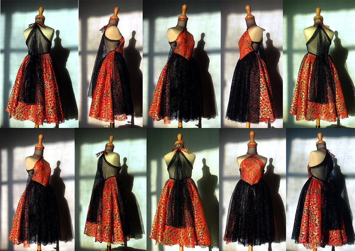 Mannequin dressed in a vintage-style red and black dress with a patterned bodice and layered skirt, displayed from various angles against a window background.