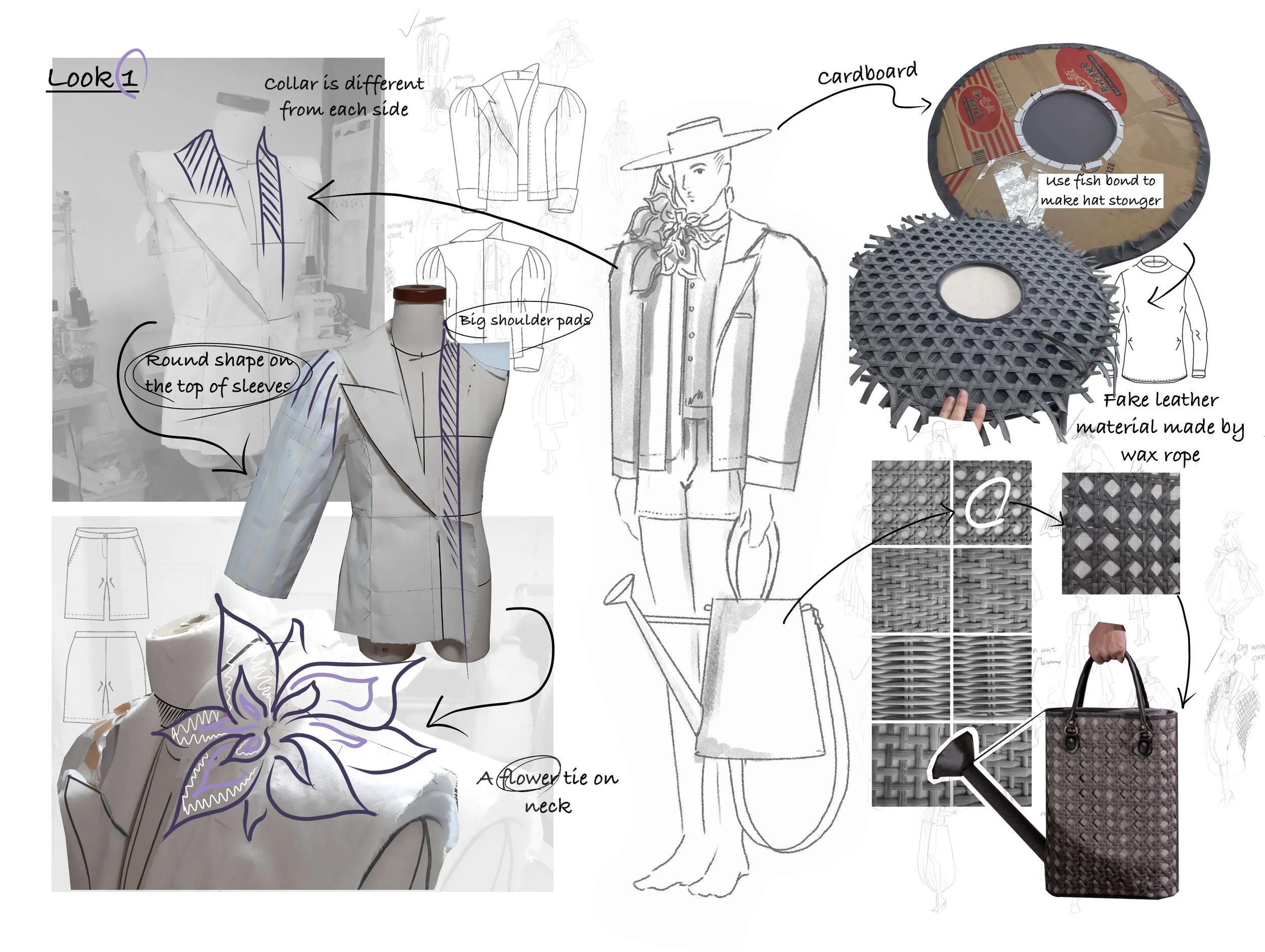 Fashion design concept including sketches and materials. Features a mannequin with a partially constructed jacket, annotated with design details like different collar styles, big shoulder pads, round sleeve tops, and a flower tie. Includes materials like cardboard hat made stronger with fish bond, and fake leather made from wax rope. A bag design is also shown in sketches and materials.