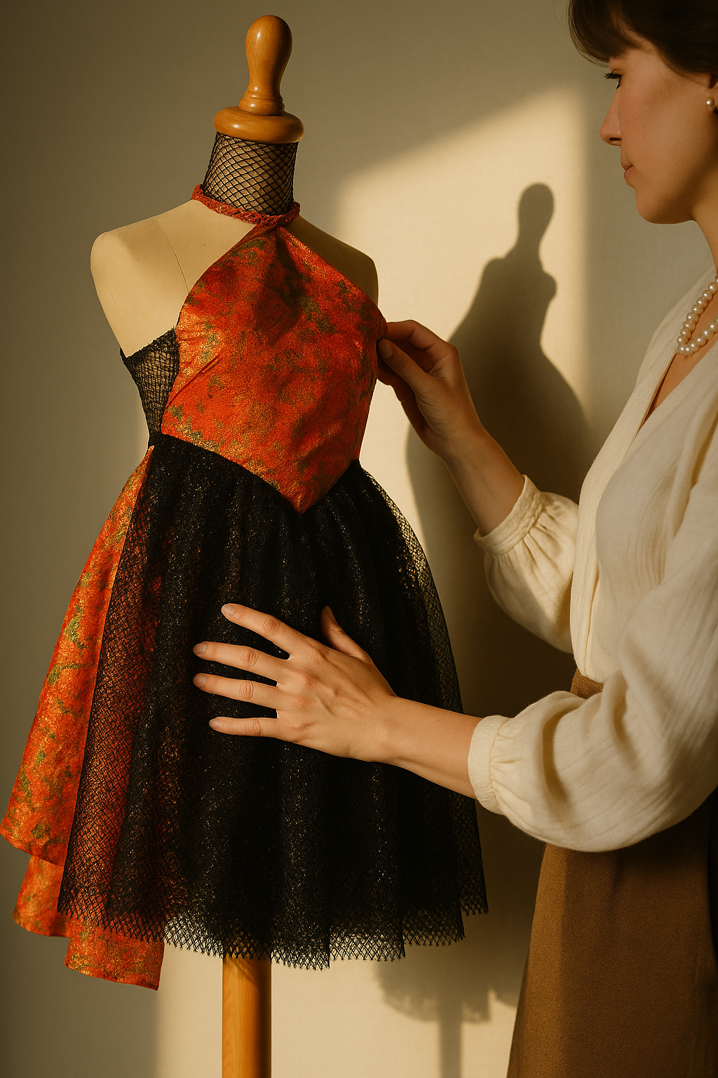 A woman examining a dress on a mannequin, with a shadow cast on the wall behind them.