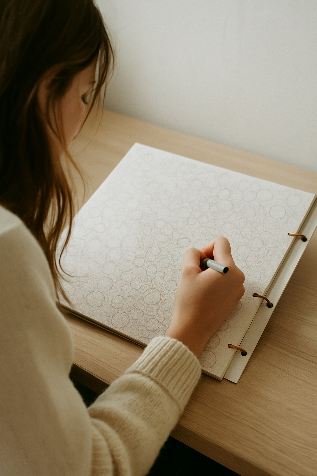 Person drawing circles on paper in a sketchbook with a black pen.