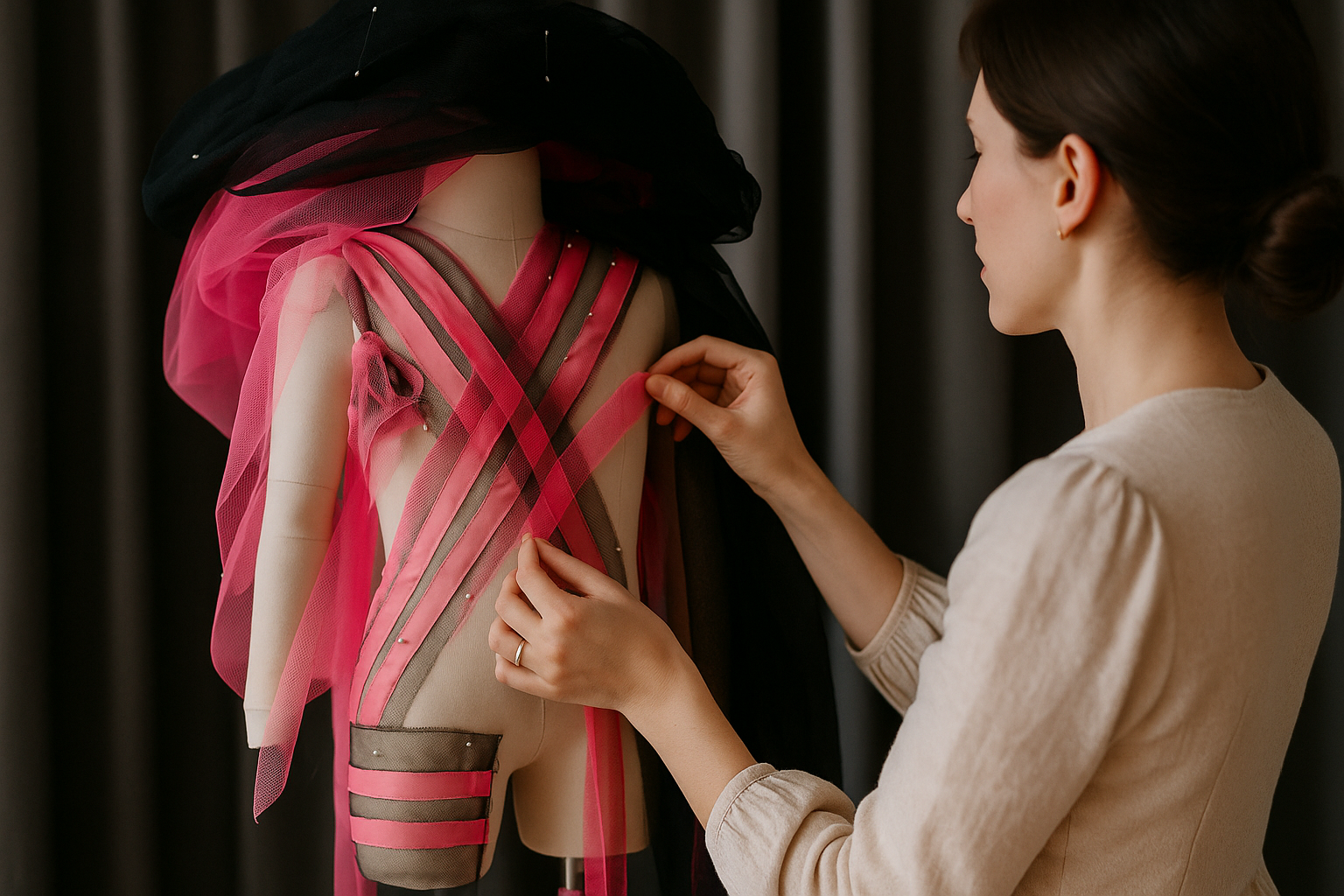 A woman in a beige sweater adjusting colorful fabric strips on a dress form. The dress form has a black hat and pink and beige fabric panels.