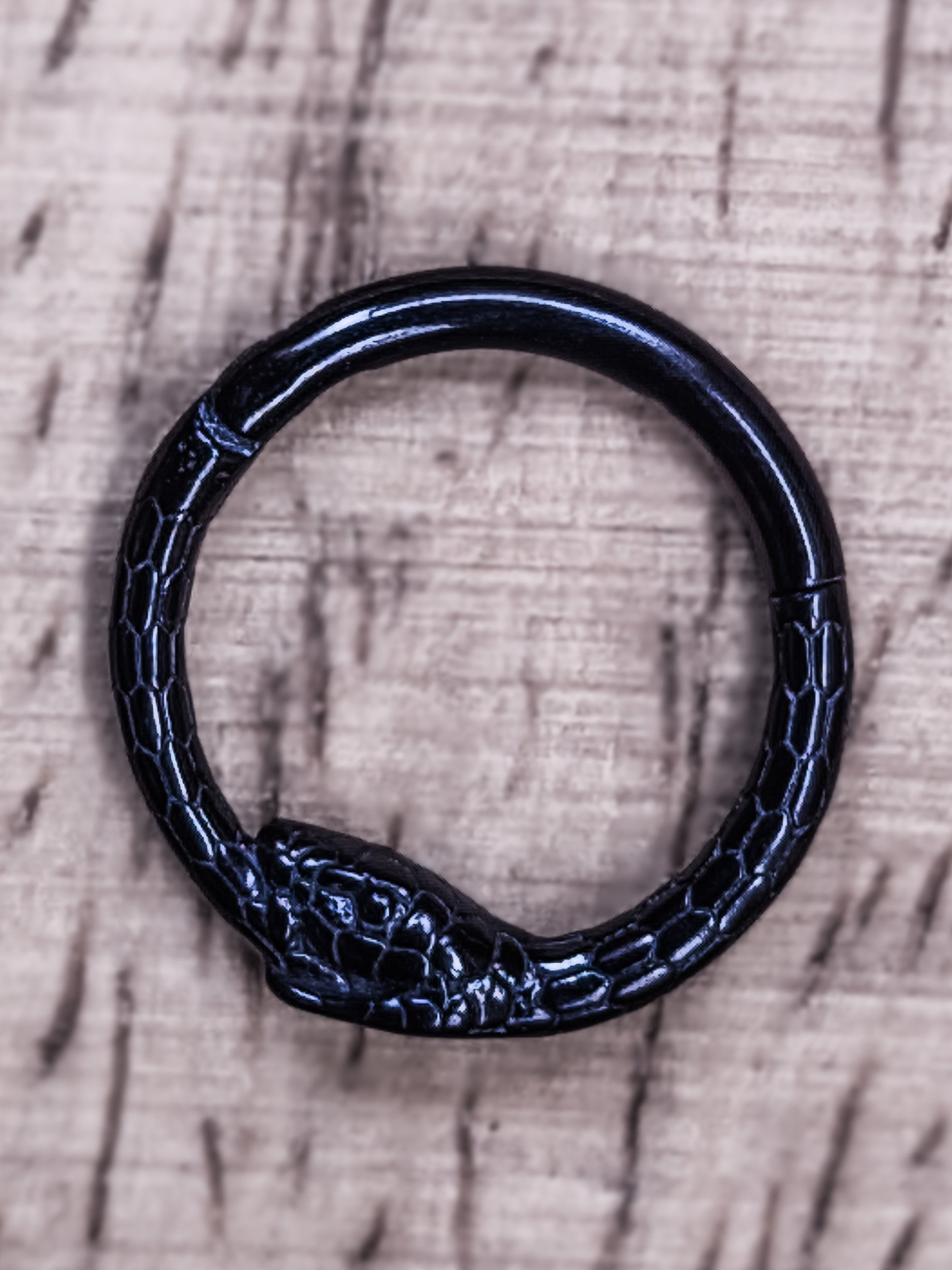 black snake-shaped clicker ring forming a full ouroboros, with fine scale detailing and a sleek, modern finish; ideal for septum or daith.