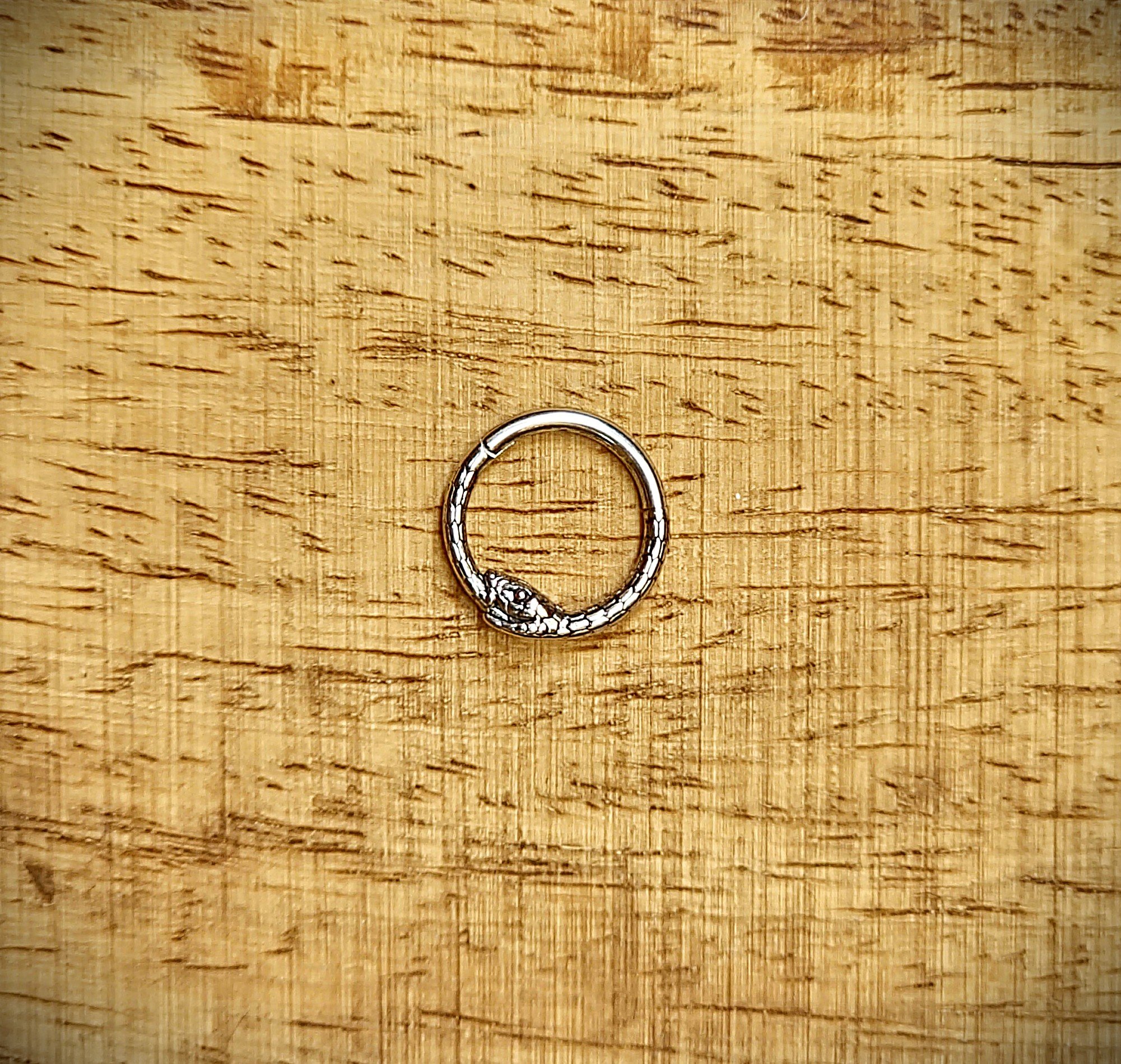 Gold-tone Ouroboros clicker ring shaped like a snake eating its tail, with detailed scales and a polished finish; suitable for septum or daith piercings.