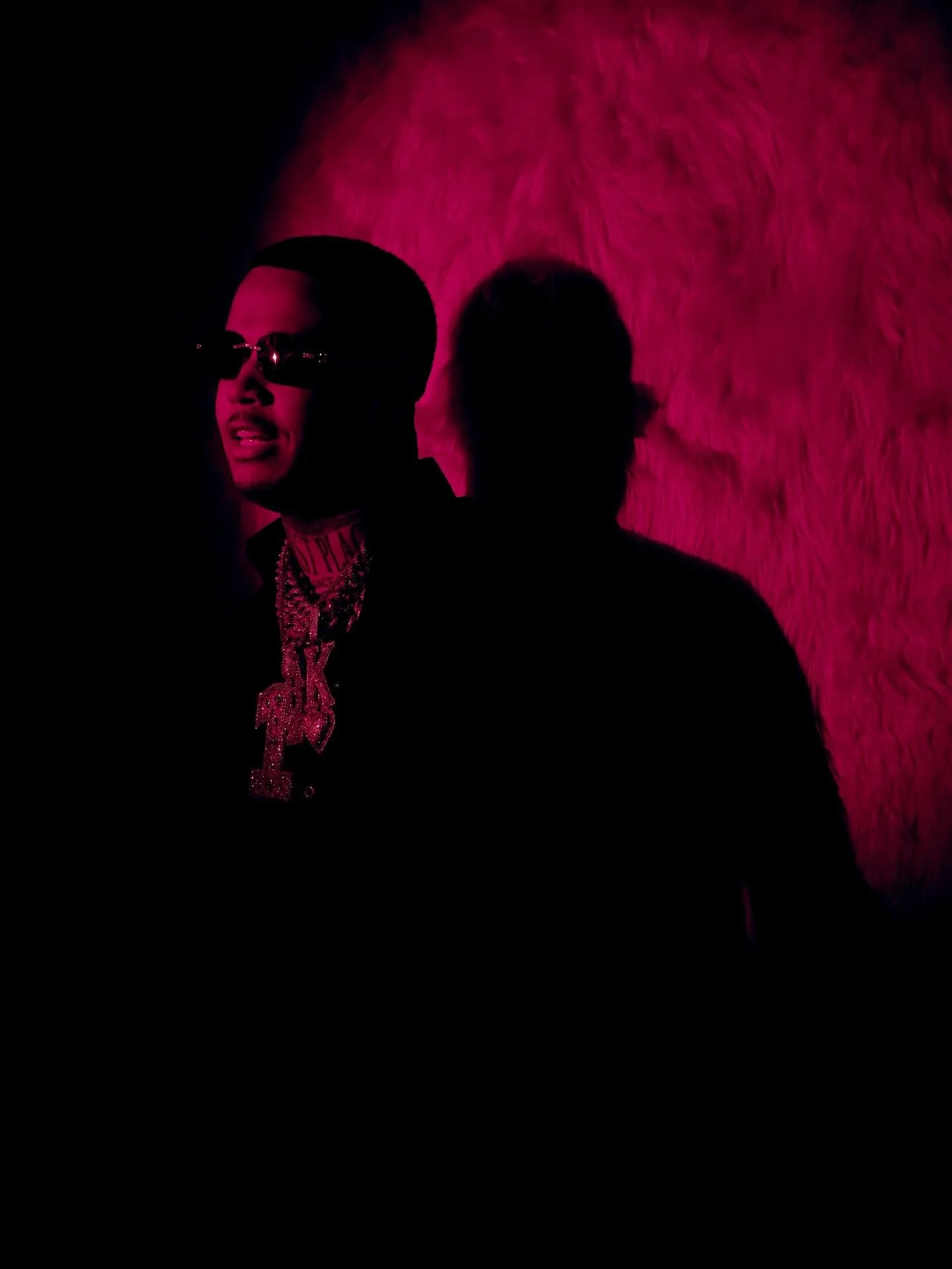 Person wearing sunglasses and a large diamond necklace with the words 'PLASTIC' and 'KID' in large letters, in front of a pink furry background.