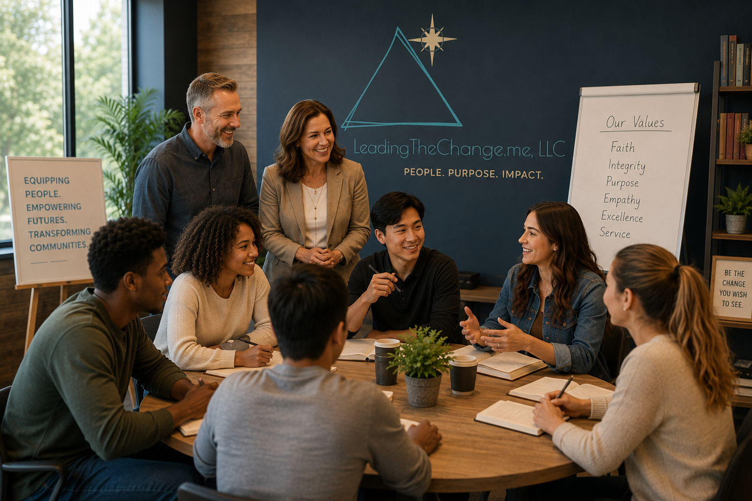 A diverse group of people in a meeting room having a discussion, with a man and woman standing at the front and a flipchart behind them listing their values, and a wall with the company logo and slogans.