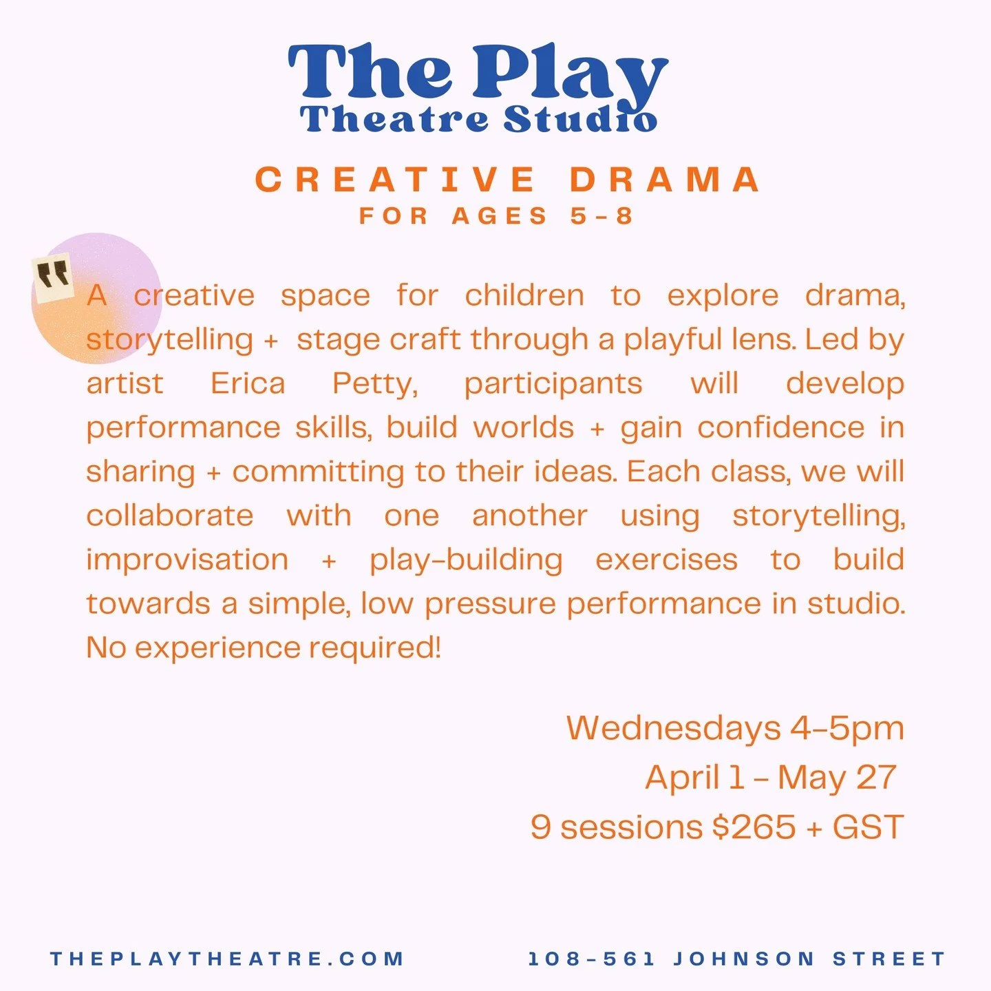 Studio classes this spring 🌷Creative Drama for ages 5-8 is a creative space for children to explore drama, storytelling + stage craft through a playful lens. Led by artist Erica Petty, participants will develop performance skills, build worlds + gai