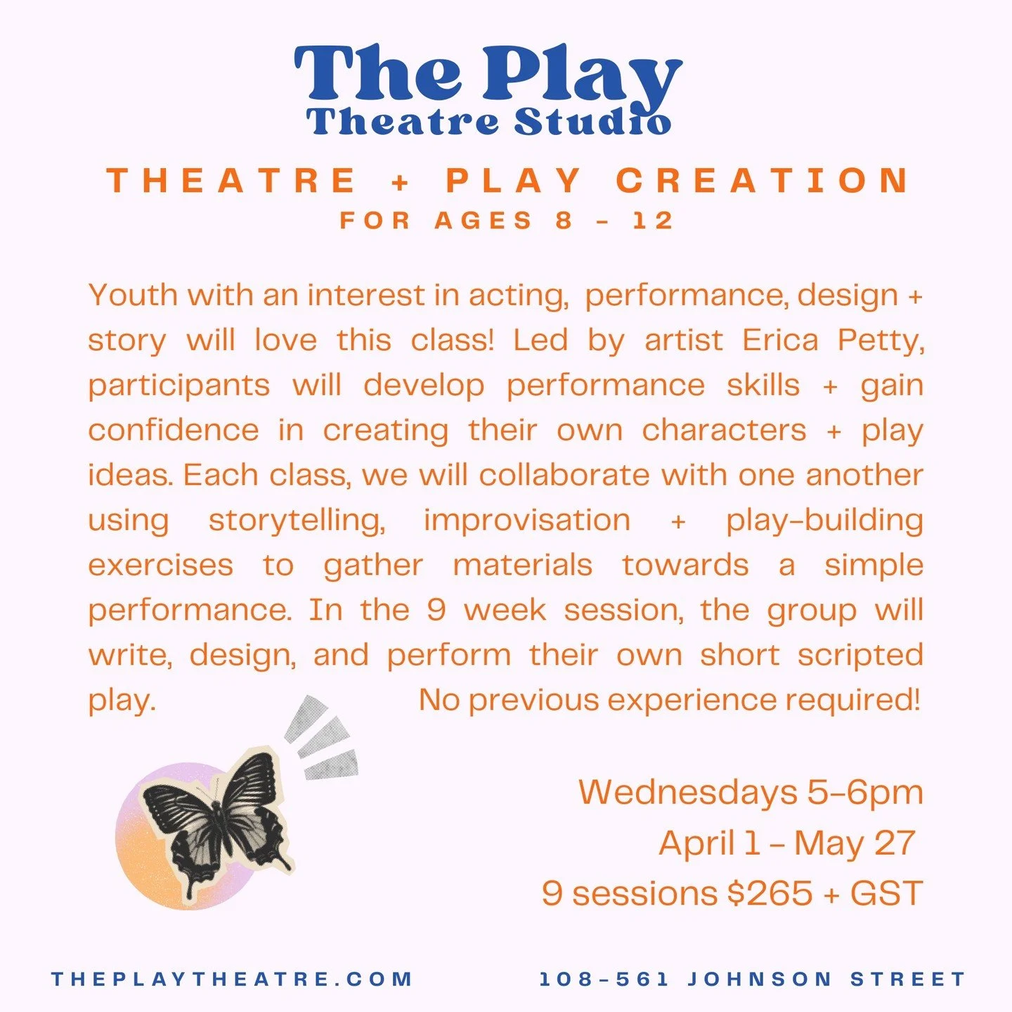 Studio classes this Spring 🌷 Next up, Theatre + Play Creation for ages 8-12. Youth with an interest in acting, performance, design + story will love this class! Led by artist Erica Petty, participants will develop performance skills + gain confidenc